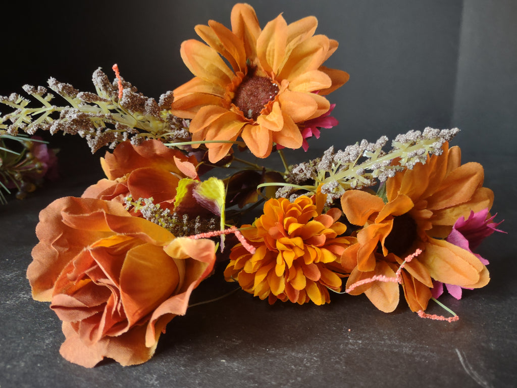 Halloween Thanksgiving Fall Artificial Rose Lilly Mums Twig x 3 (lot 3114)