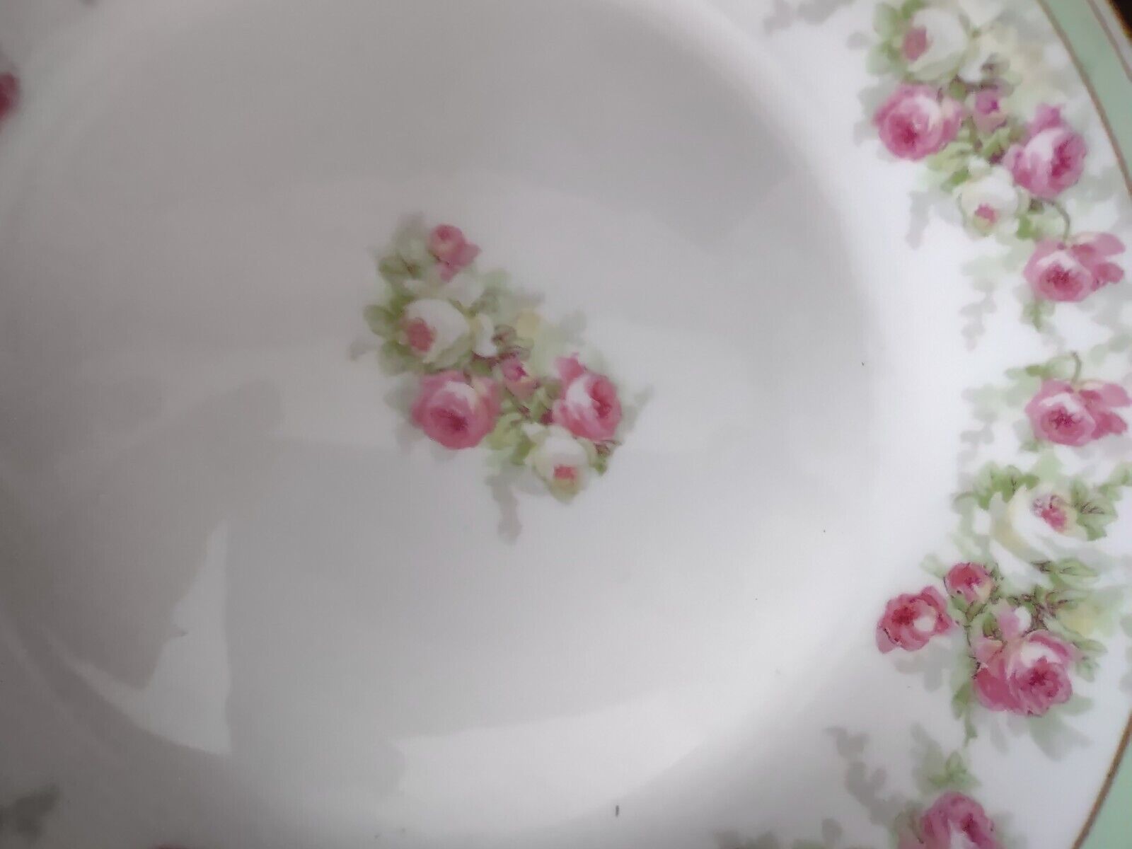 Coronet Limoges France 2 x Soup Plate Mint Band Gold Trim Pink Rose (lot 551)