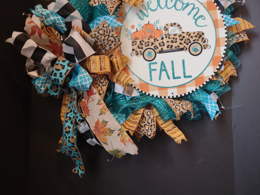 Autumn Fall Front Door Wreath Mesh Ribbon Decor Welcome Truck (lot 1367)
