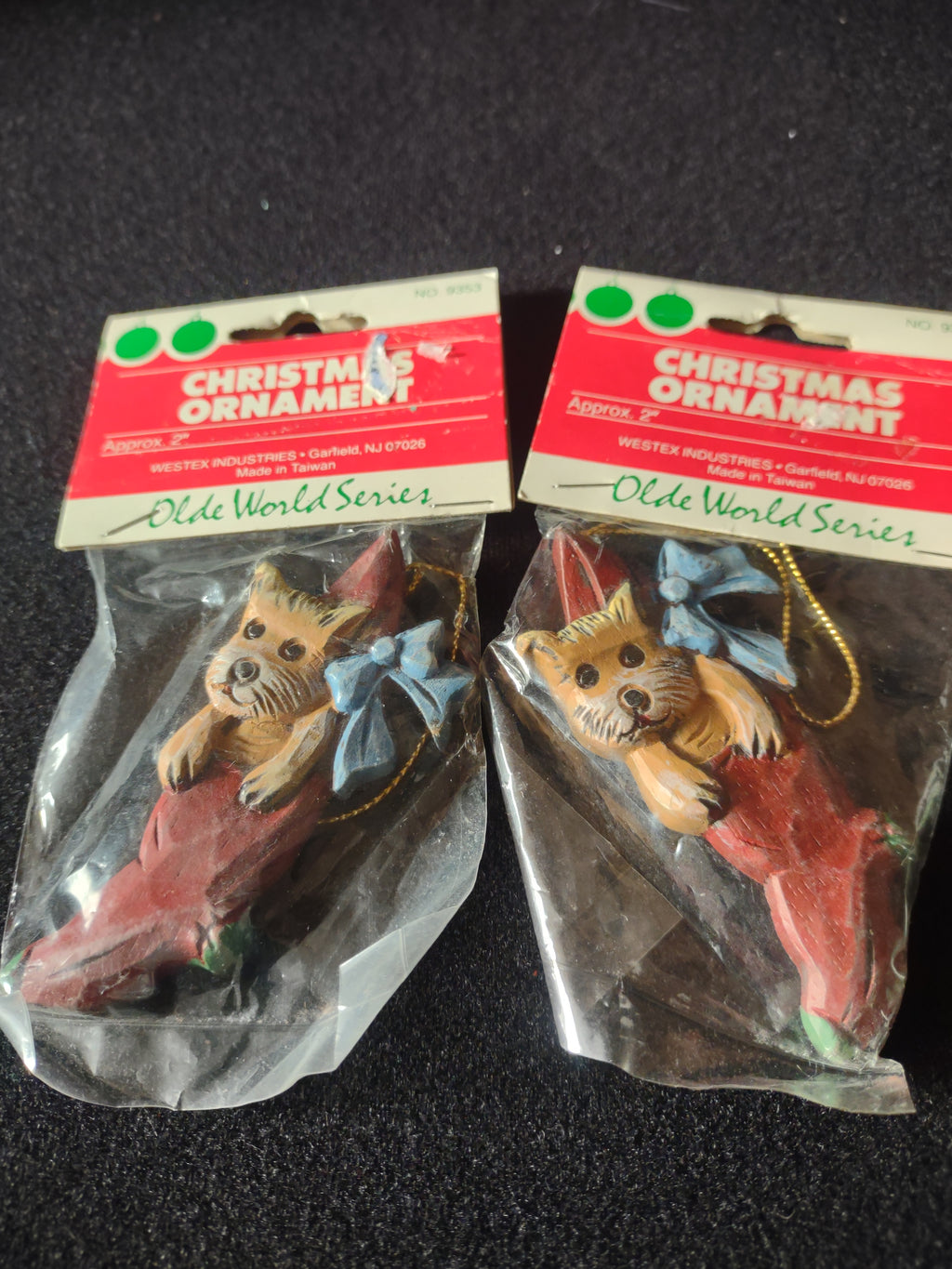 Vintage Westex Christmas Ornaments Dog Stocking Blue Bow Set Of 2 (Lot 4683)