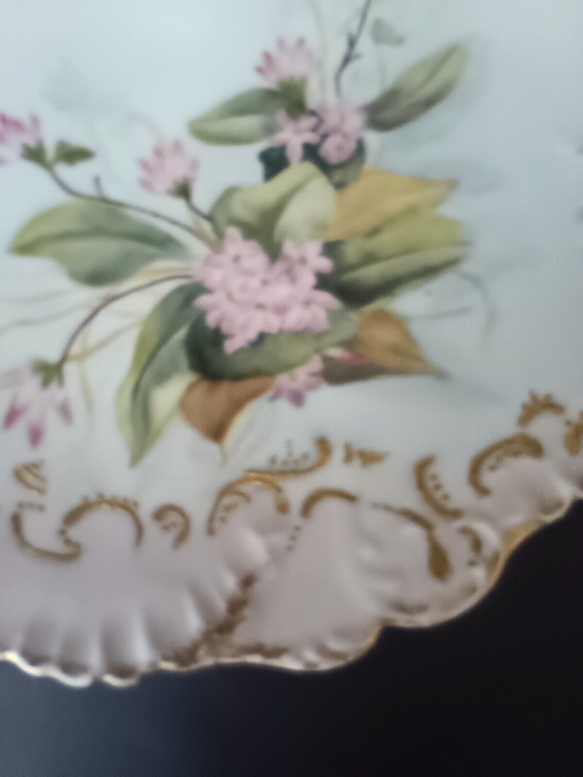 Limoges France JMC Plate Relief Molded Scrollwork Guild Gold Edge Pink (lot 366)