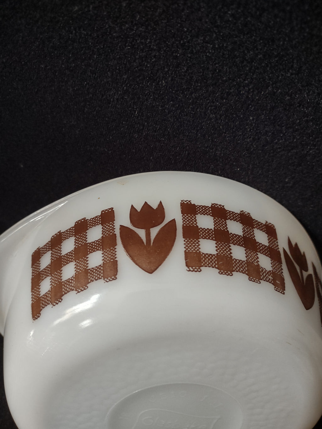 Vintage Glasbake 1 Qt Round Casserole Dish Brown Gingham Tulip (Lot 5240)