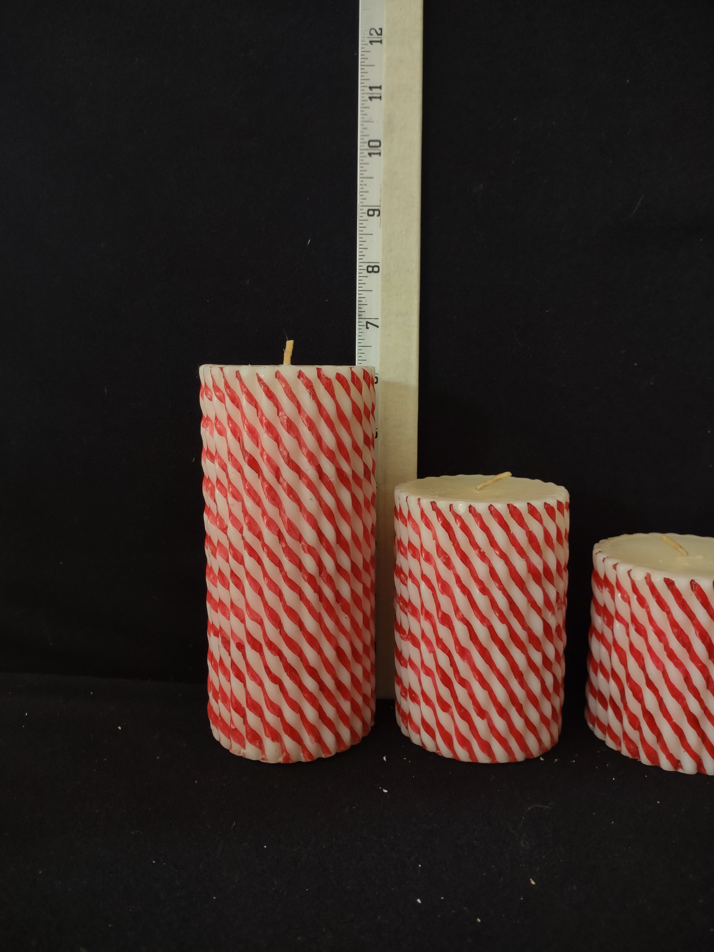 Christmas Holiday 3 Red White Striped Pillar Candles 6" 4" 3" (Lot 3925)