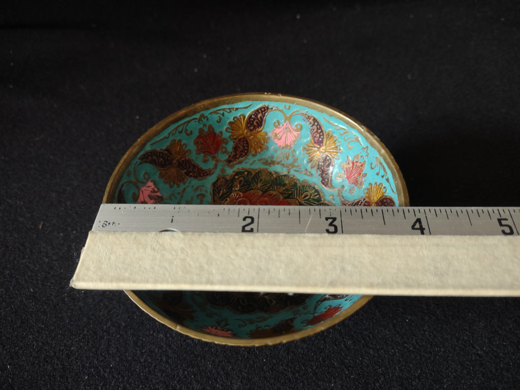 Vintage Metal Enameled Small Footed Bowl Peacock IMPERFECT (lot 5281)