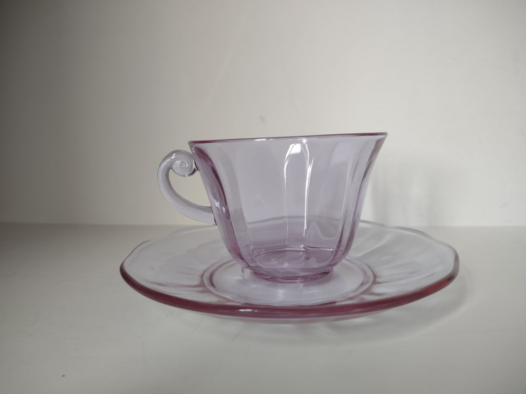 Fostoria Wisteria Lilac Lafayette Glass Teacup & Saucer Set Neodymium (lot 2730)
