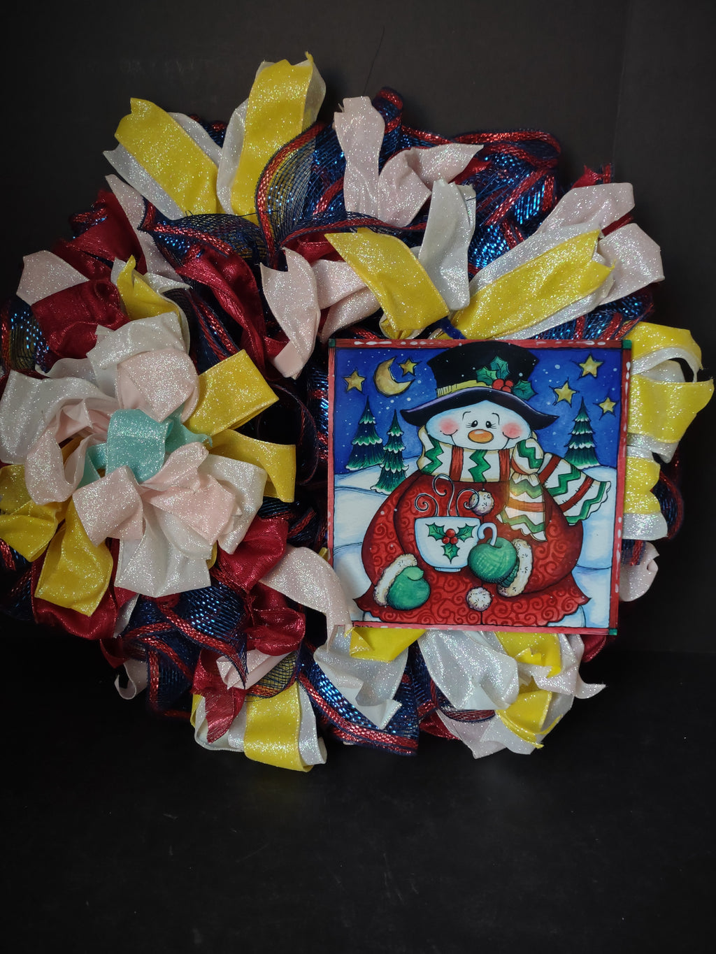 Handmade Christmas Wreath Red Blue White Sparkly Ribbon Snowman 20" (lot 1292)