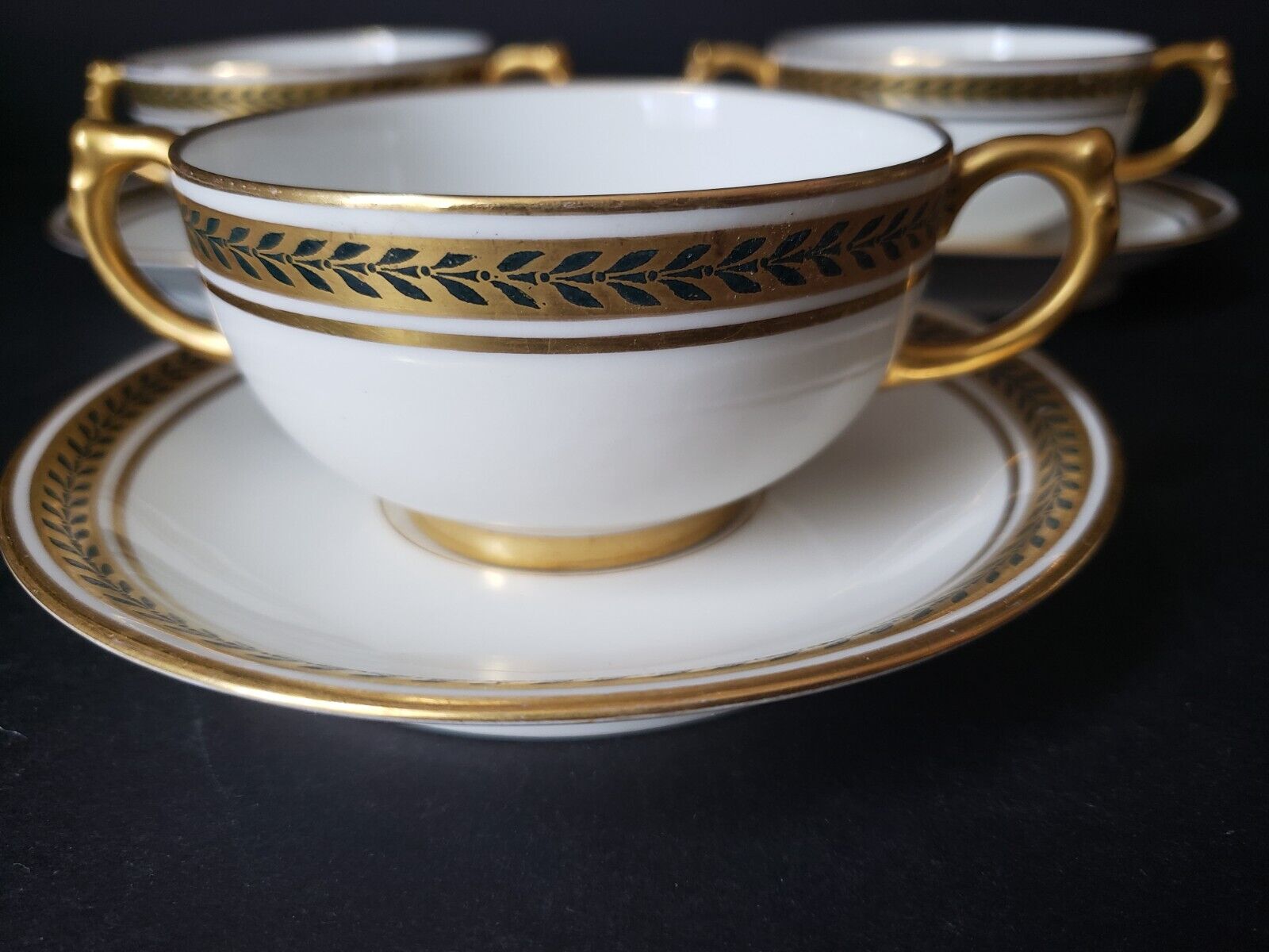 JP Limoges France Gold Trim Green Laurel 3 x Bouillion Cup & Saucer (lot 597)