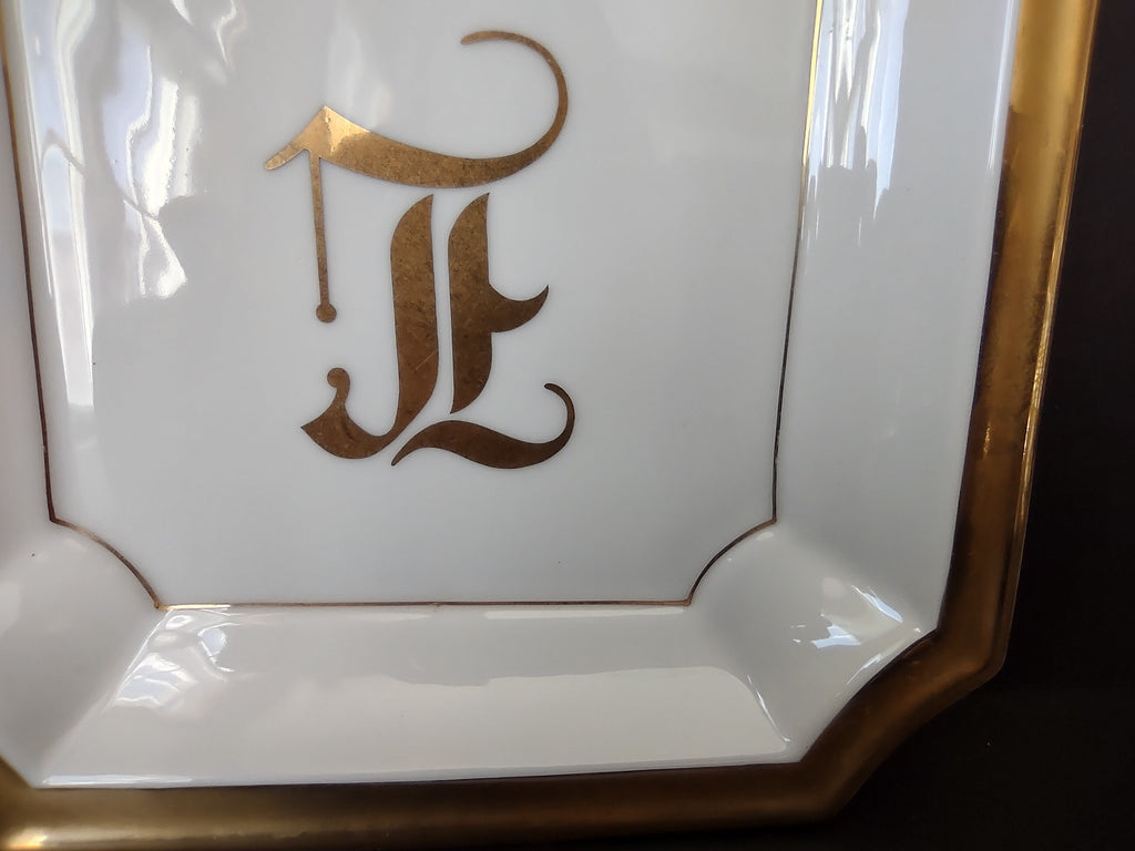 White Gold Trim Vintage Ashtray 8-1/4" x 8-1/4" Monogrammed L (lot 330)
