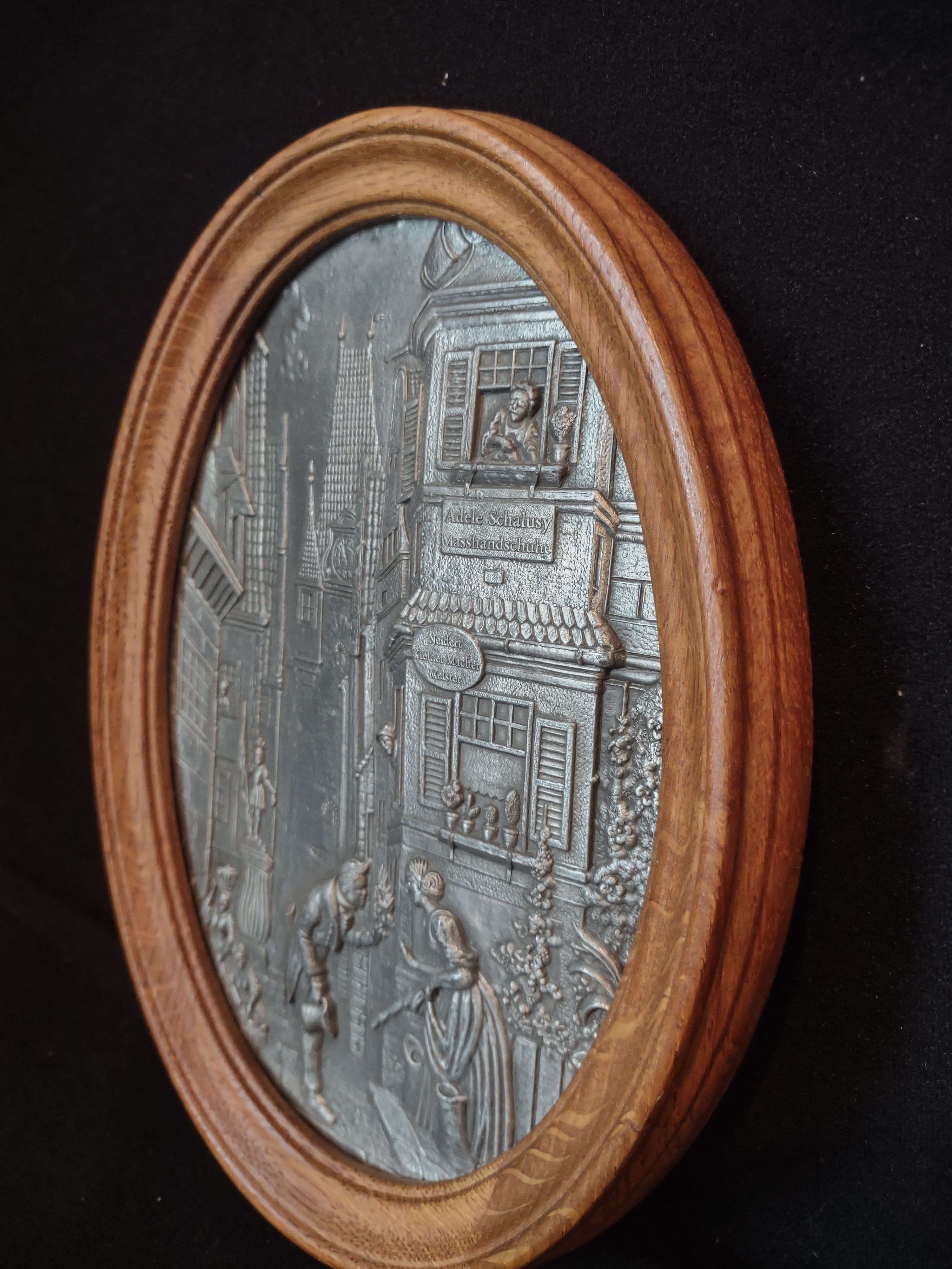 Vintage 3-D Scene German Town Frieling Zinn Pewter Wood Picture (lot 2658c)