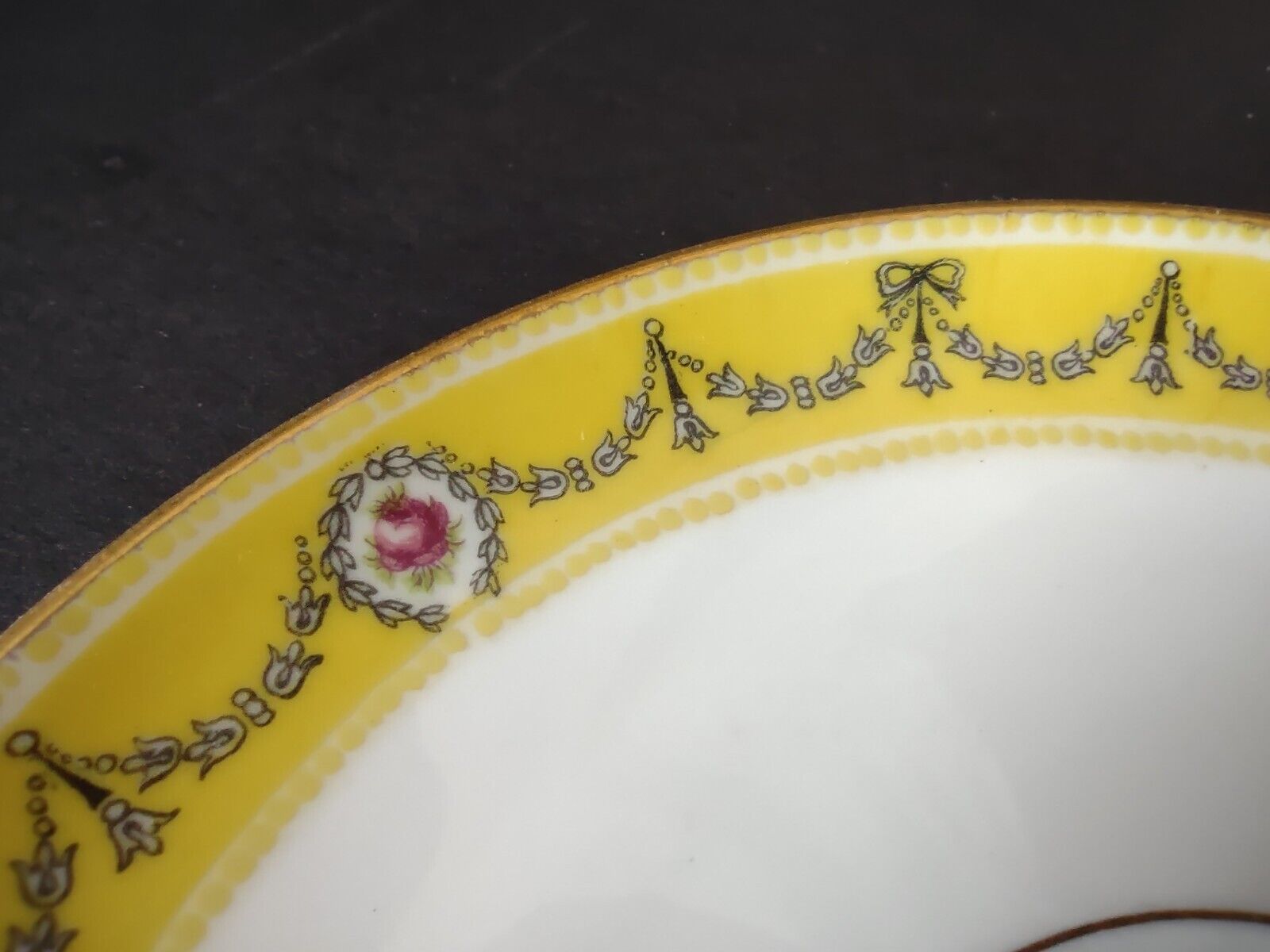 Avenir Limoges Ovington Bros Teacup & Saucer Yellow Black Trim Bow Rose lot 730