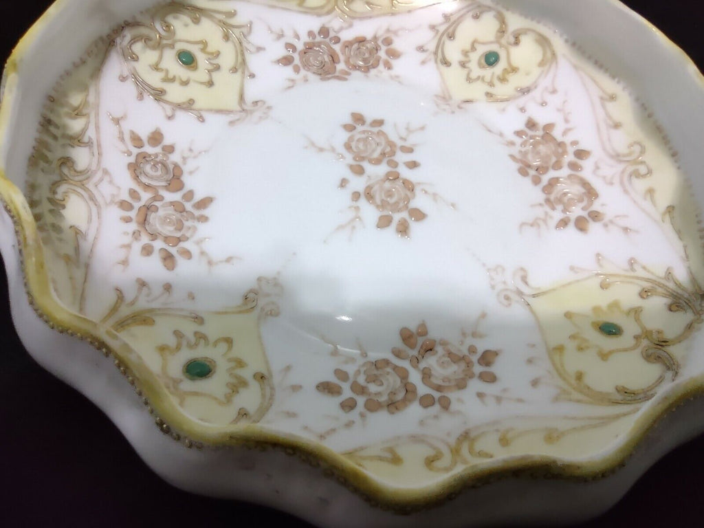 037 Vintage Hand Painted Nippon Moriage Gold Beaded Raised Design Footed Dish