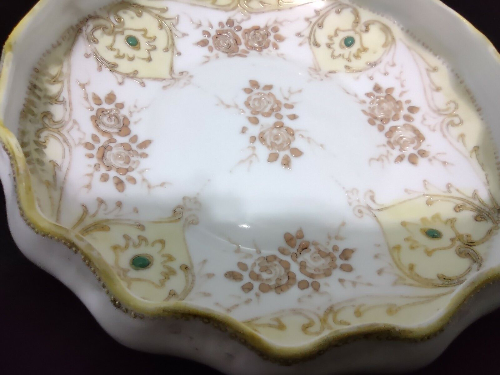 037 Vintage Hand Painted Nippon Moriage Gold Beaded Raised Design Footed Dish