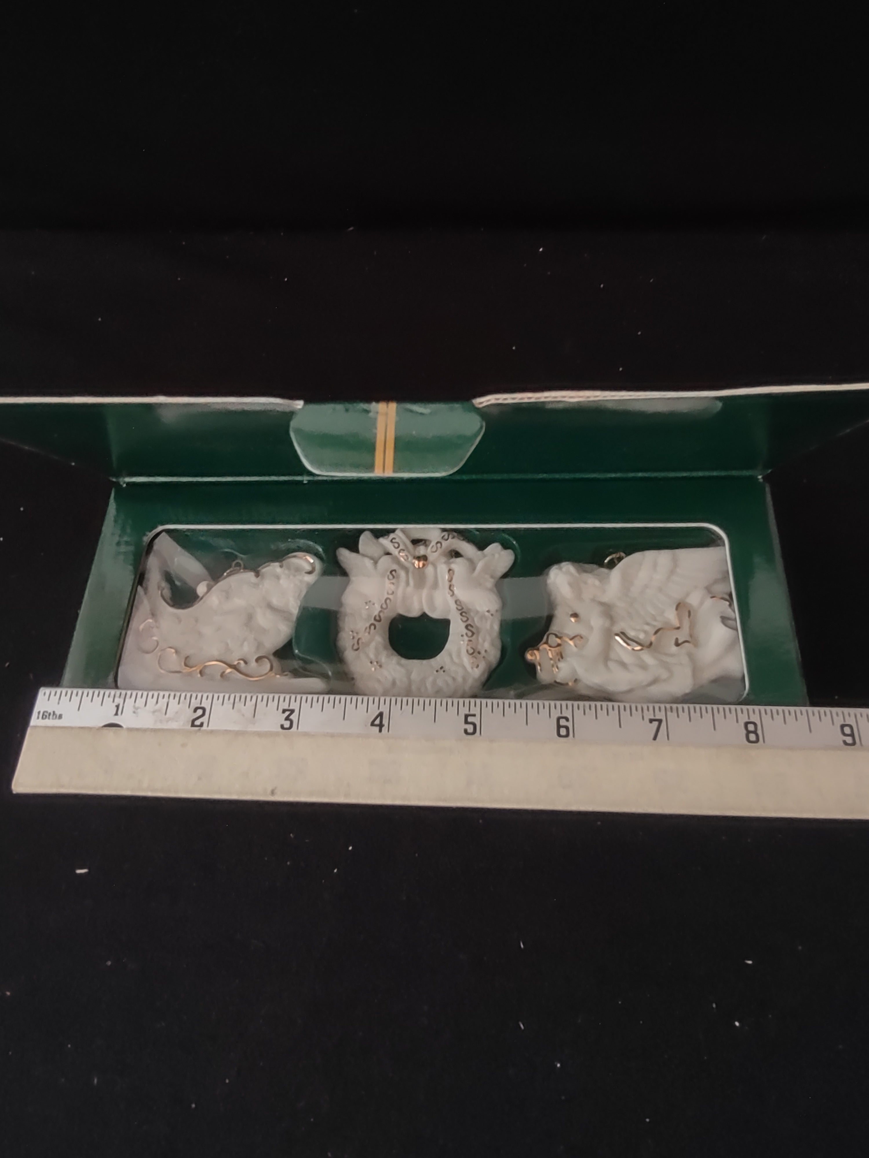 Vintage Porcelain Ornaments Sleigh Wreath Angel 24K Gold Accents (Lot 3653)