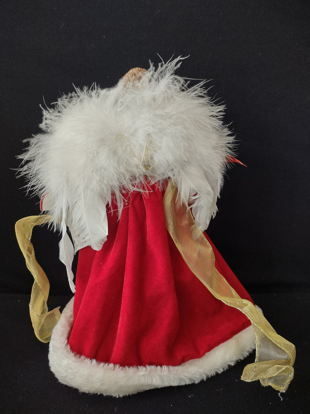 Vintage Christmas Angel Porcelain Head Red Gown Feather Wings (Lot 3731)