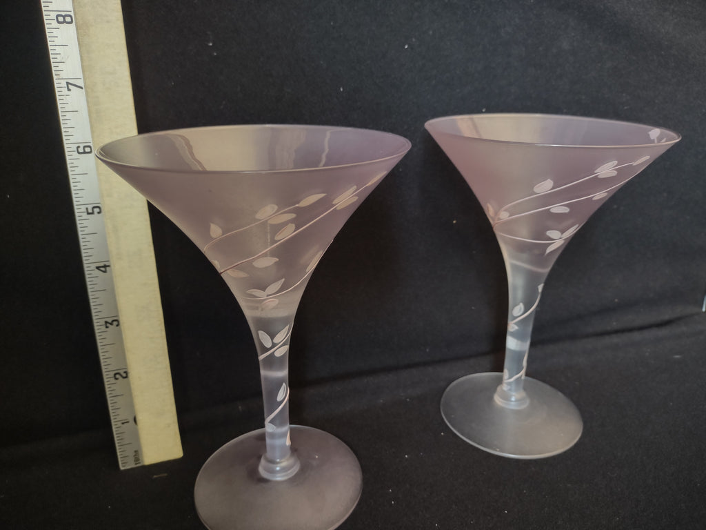 Set of 2 Vintage MCM Frosted Martini Glass Pink Leaves Handpainted (lot 2738)