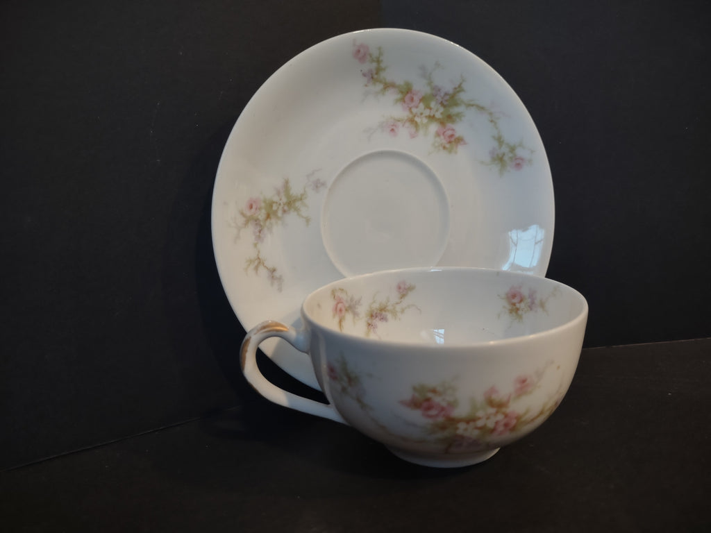 Haviland Limoges Tea Cup & Saucer Rose White Purple Flower Moss (lot 901)