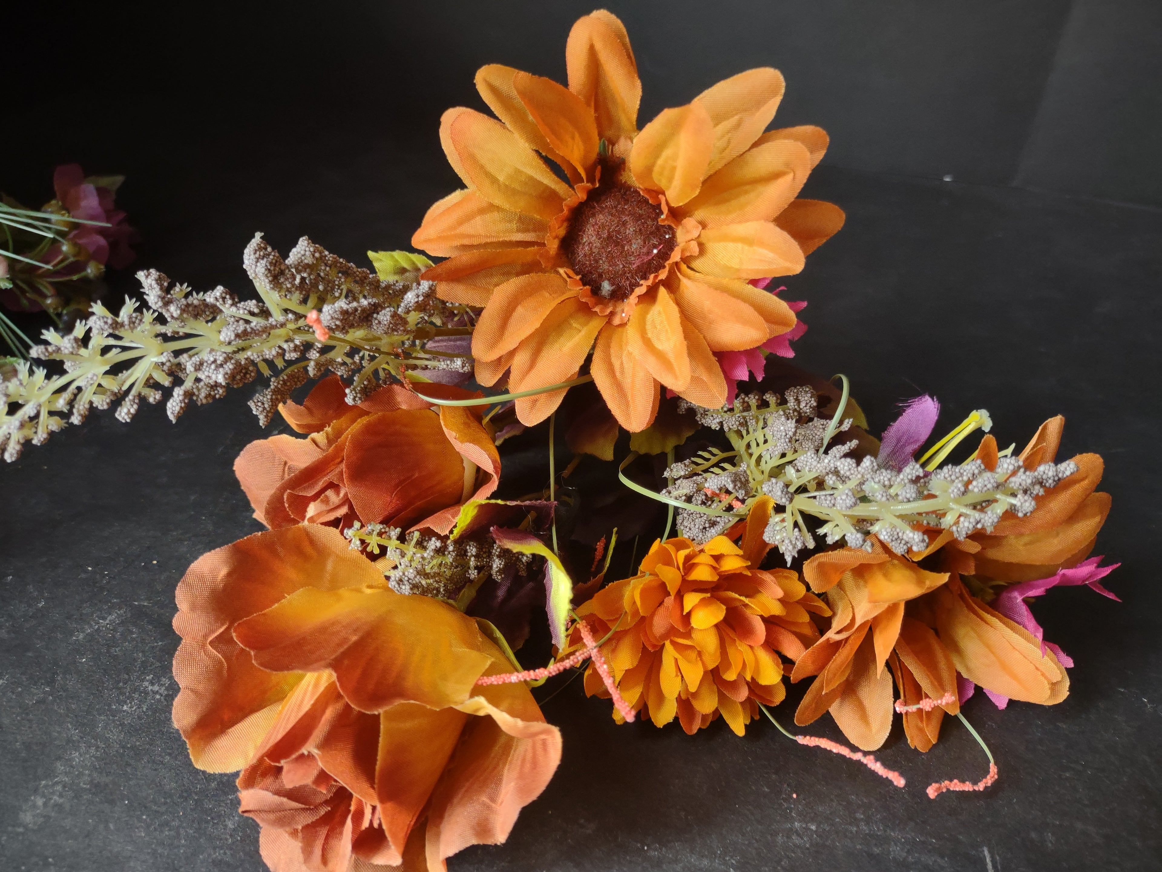 Halloween Thanksgiving Fall Artificial Rose Lilly Mums Twig x 3 (lot 3114)