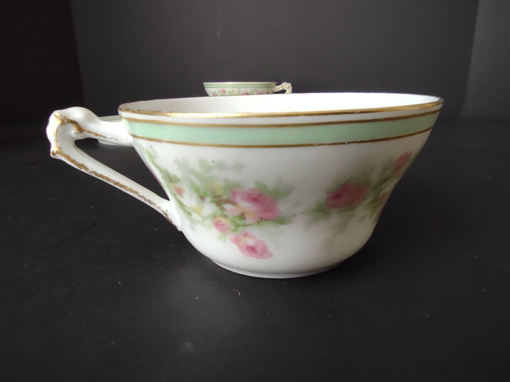 Coronet Limoges France 3 x Tea Cup Mint Band Gold Trim Pink Rose (lot 548)