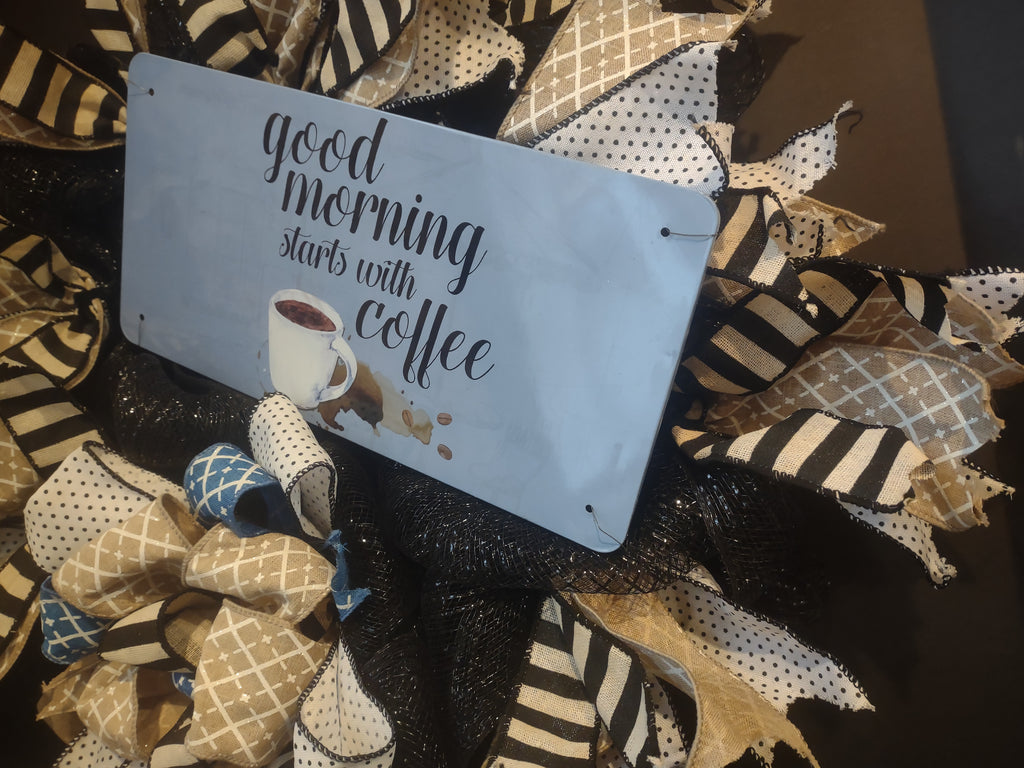 Good Morning Starts with Coffee Wreath Ribbon Mesh Decor Handmade (lot 1408)