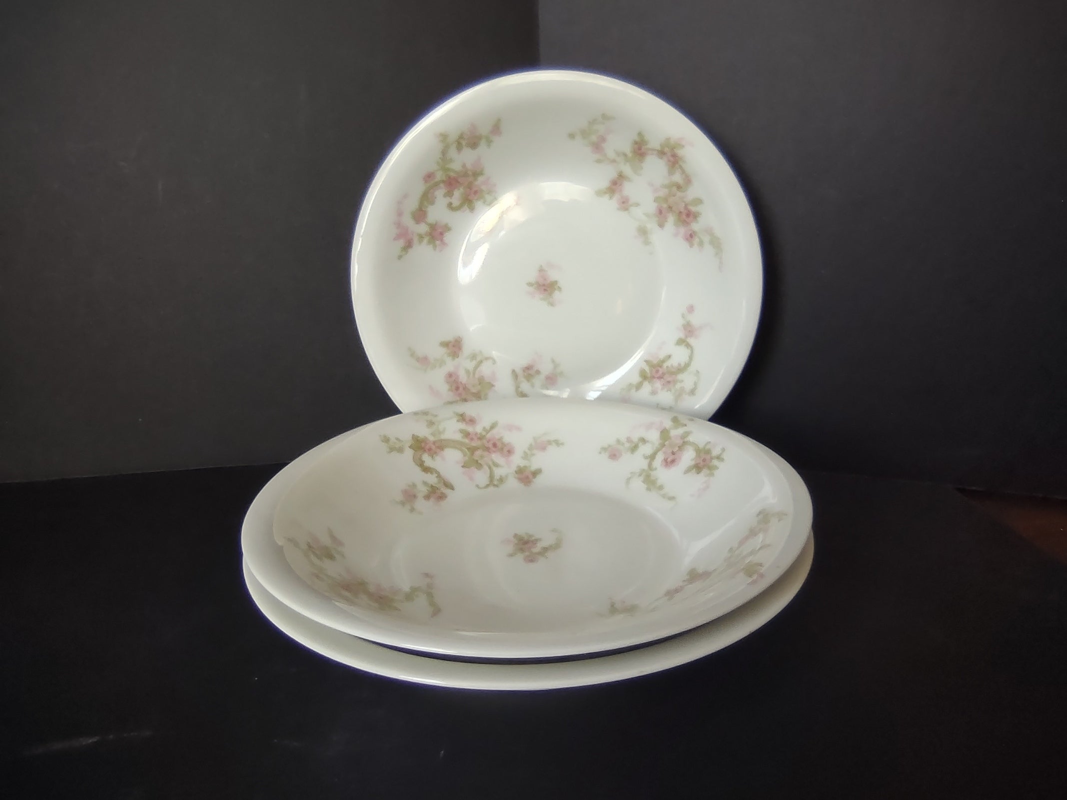 Haviland Limoges 3 x Cream Soup Plate Pink Rose Green Ribbon (lot 891)