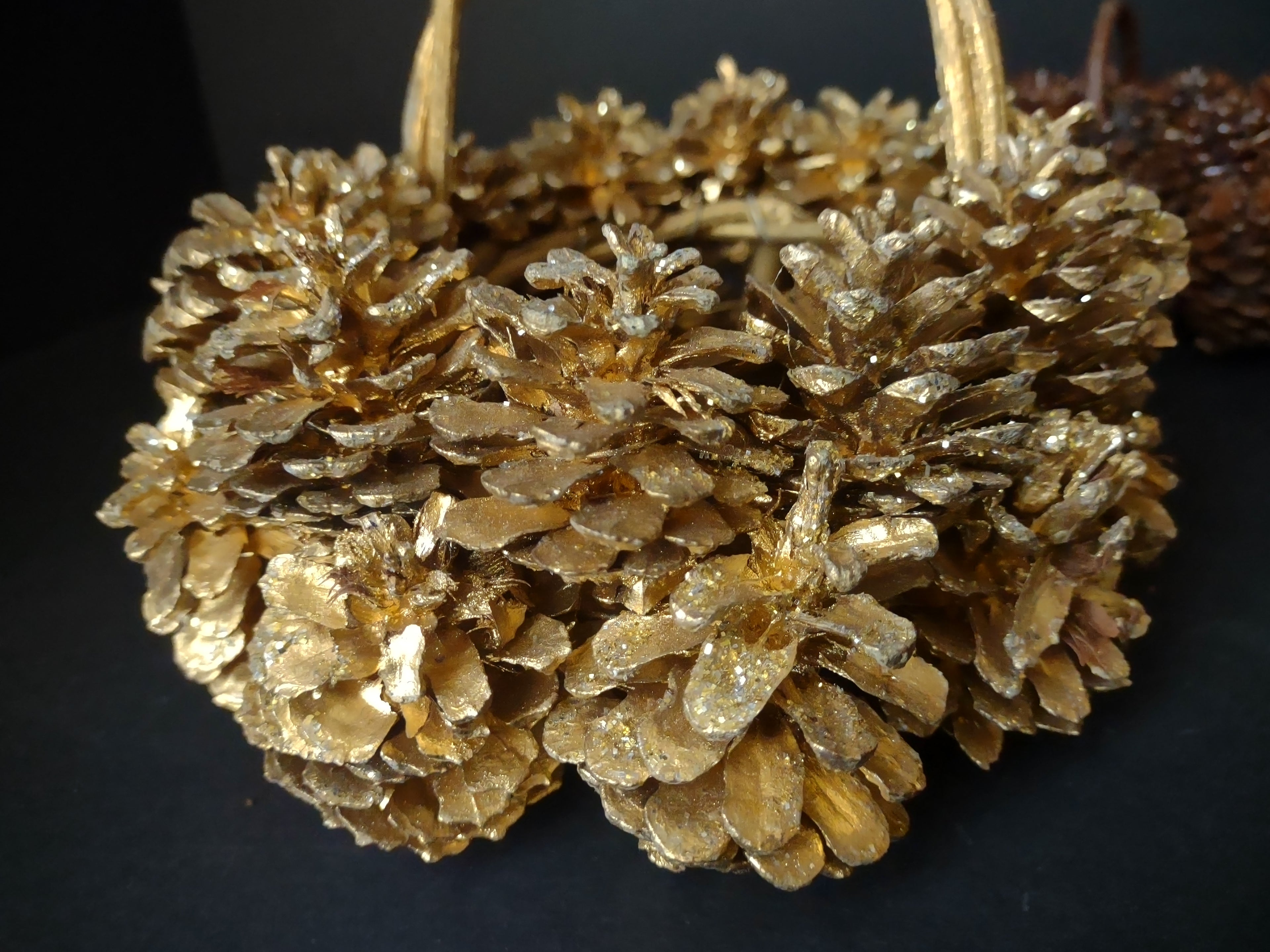 Vintage Christmas Golden Primitive Rustic Pinecone Basket x 2 (lot 1183)