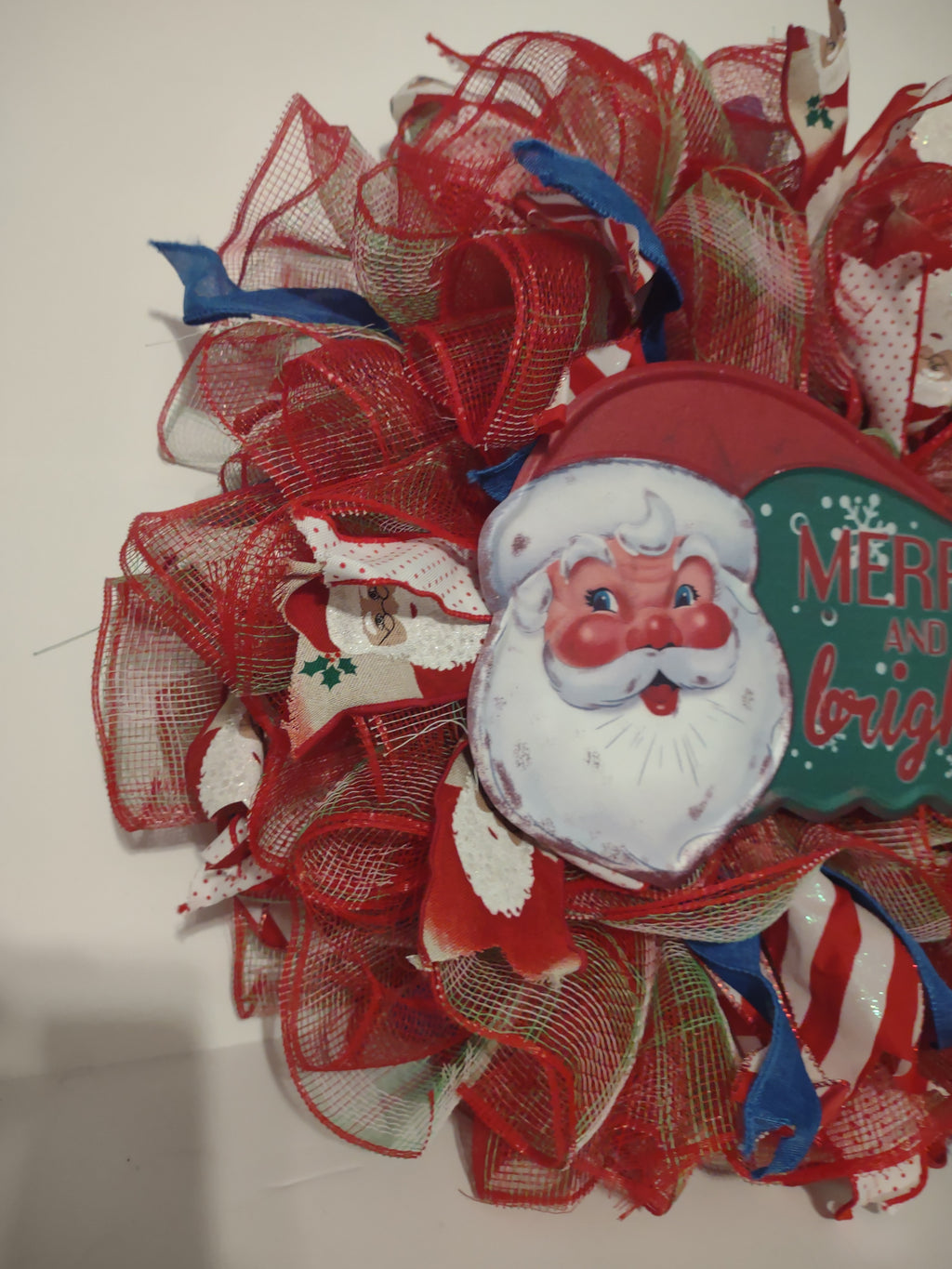 Handmade Christmas Wreath Sparkly Red White Blue Ribbon 22" Santa Merry lot 1294