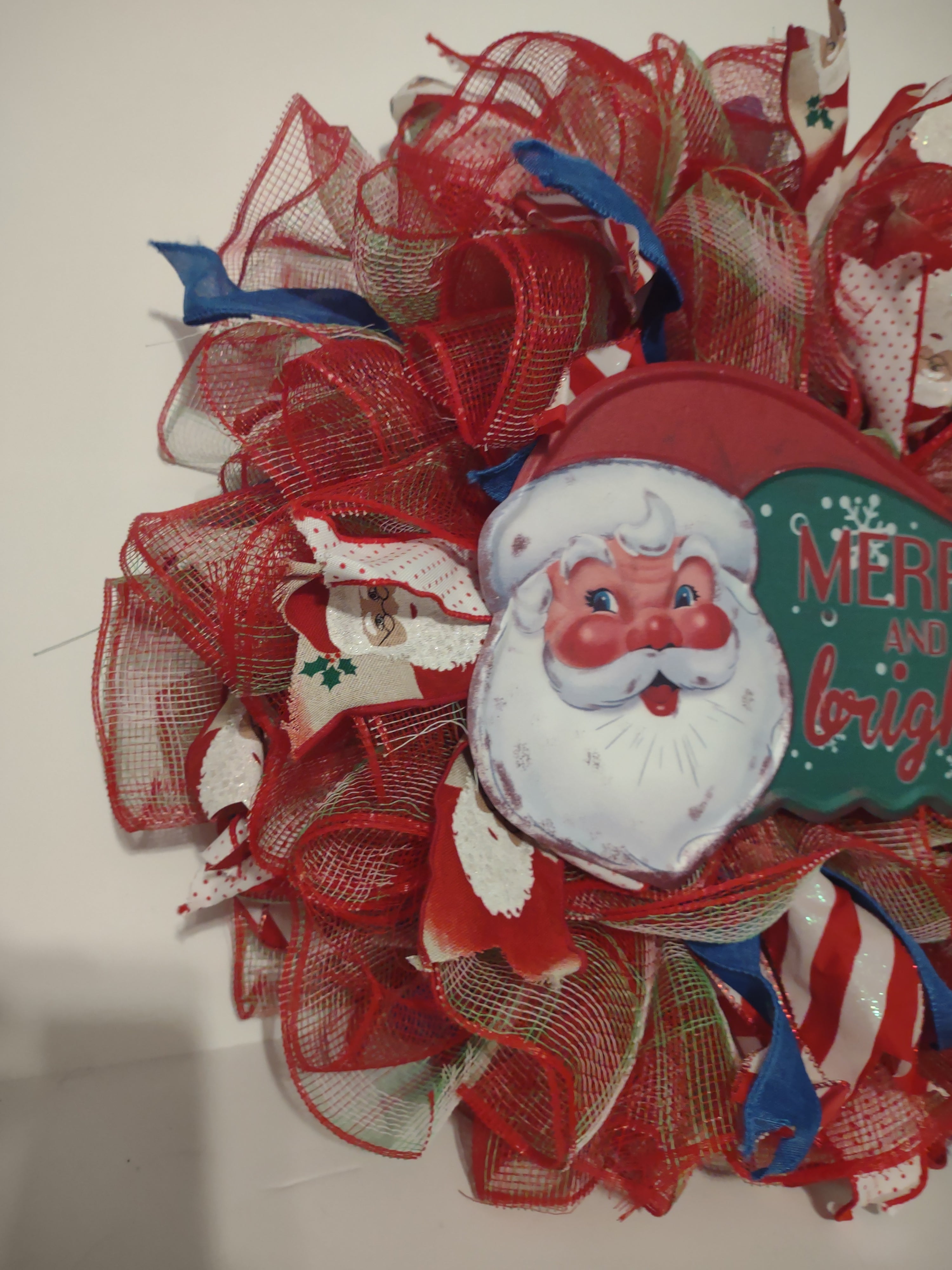 Handmade Christmas Wreath Sparkly Red White Blue Ribbon 22" Santa Merry lot 1294