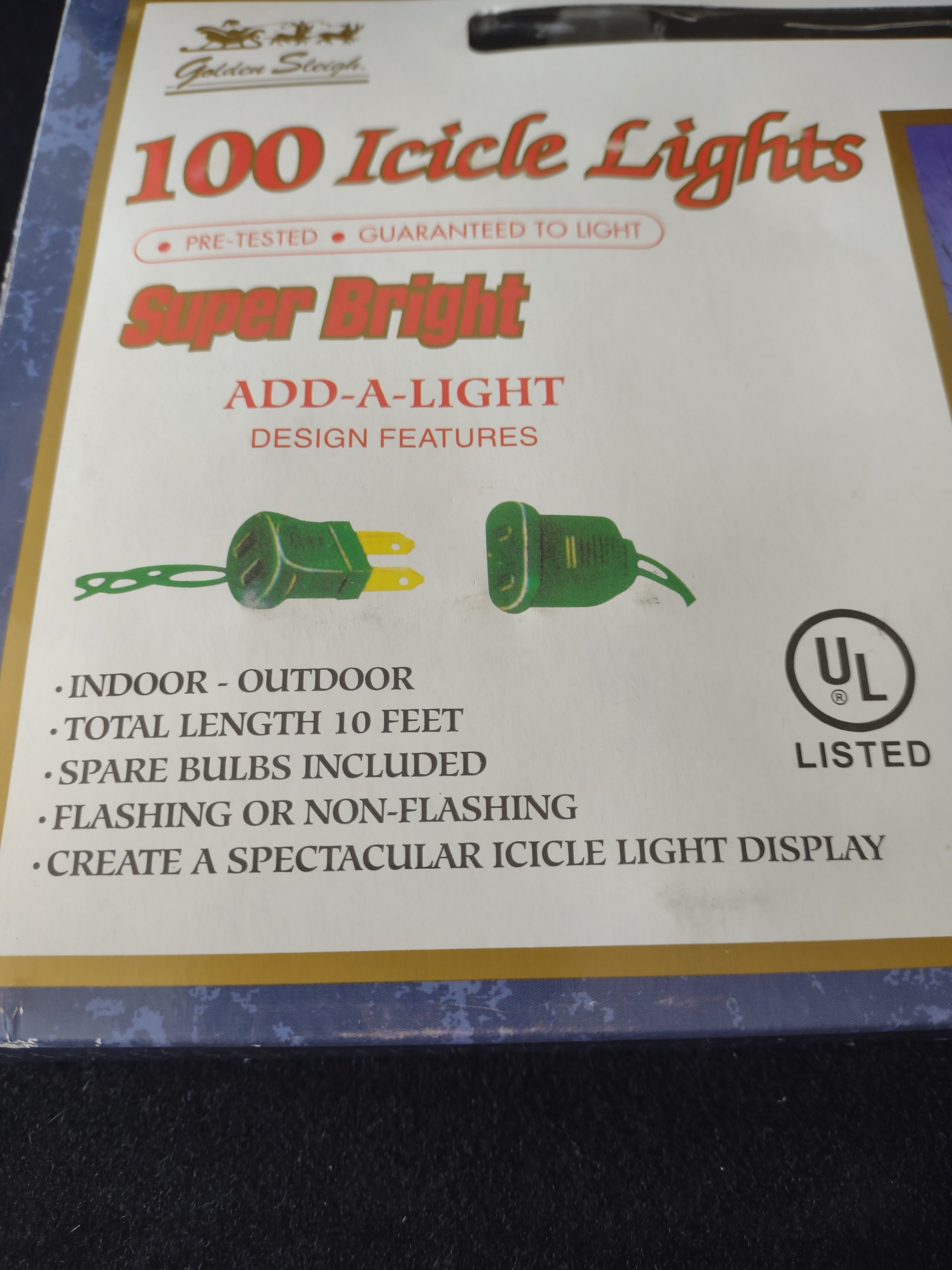Vintage Golden Sleigh Christmas 100 Icicle Light 10 Ft Ea x 2 Clear (Lot 4189)