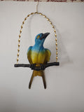Vintage Plastic Blue Yellow Bird On A Perch Gold Hanger (Lot 3711)