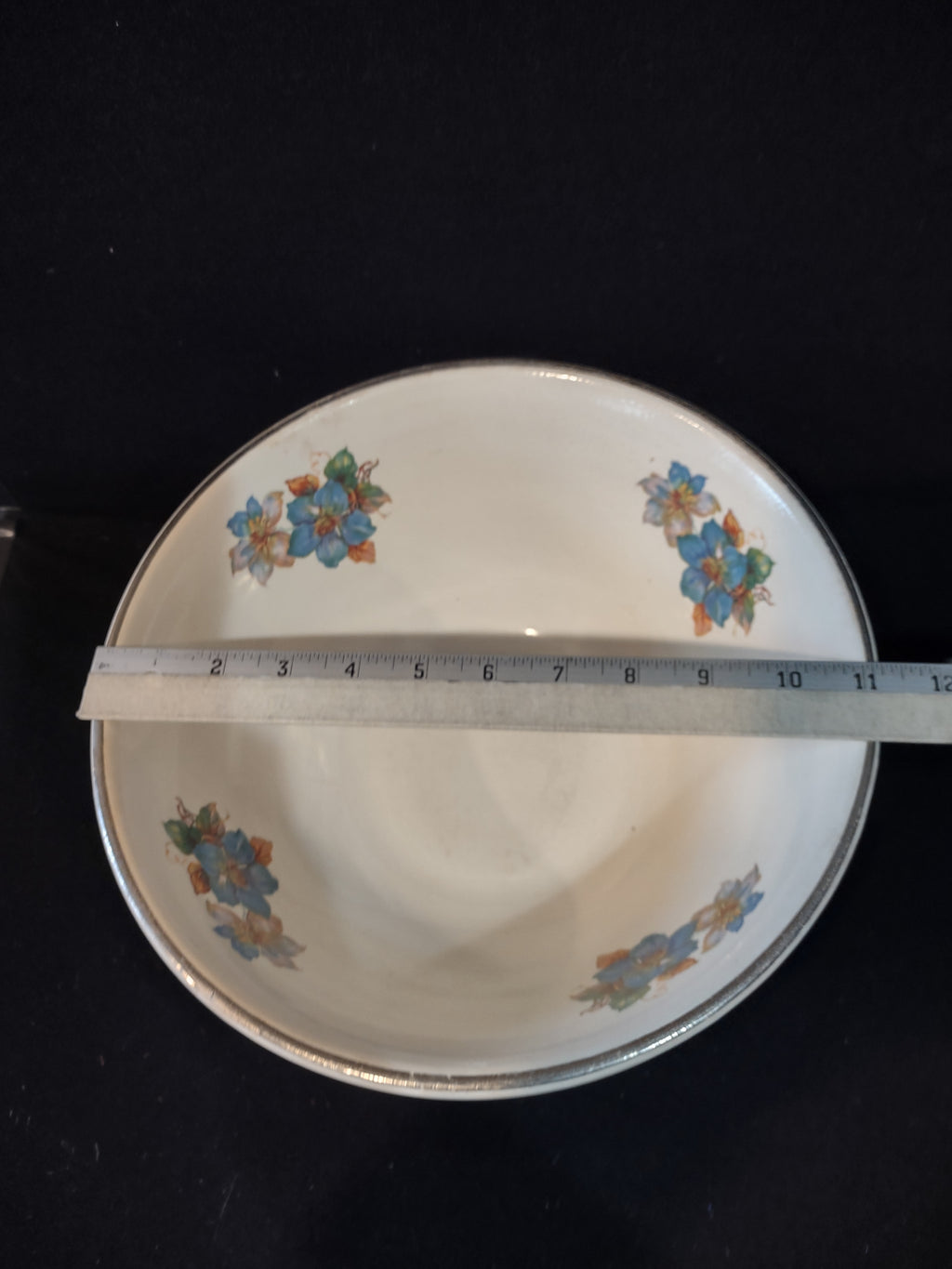 Vintage 11" Serving Mixing Bowl Blue Flower Gilded Trim Tapered (Lot 5222)