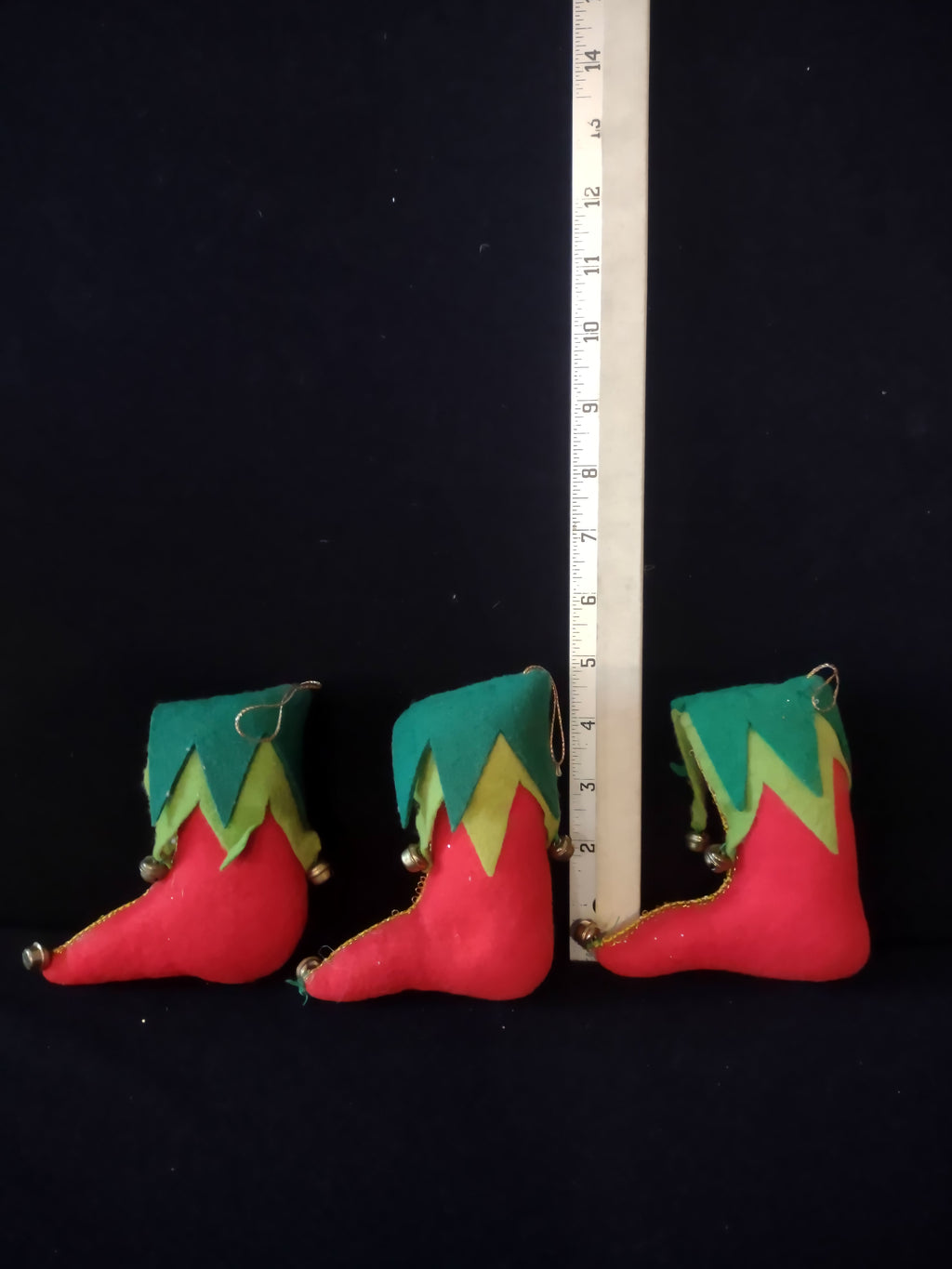 Christmas Elf Shoe Ornament Red Green Felt Bells Gold Trim Set Of 3 (Lot 4593)