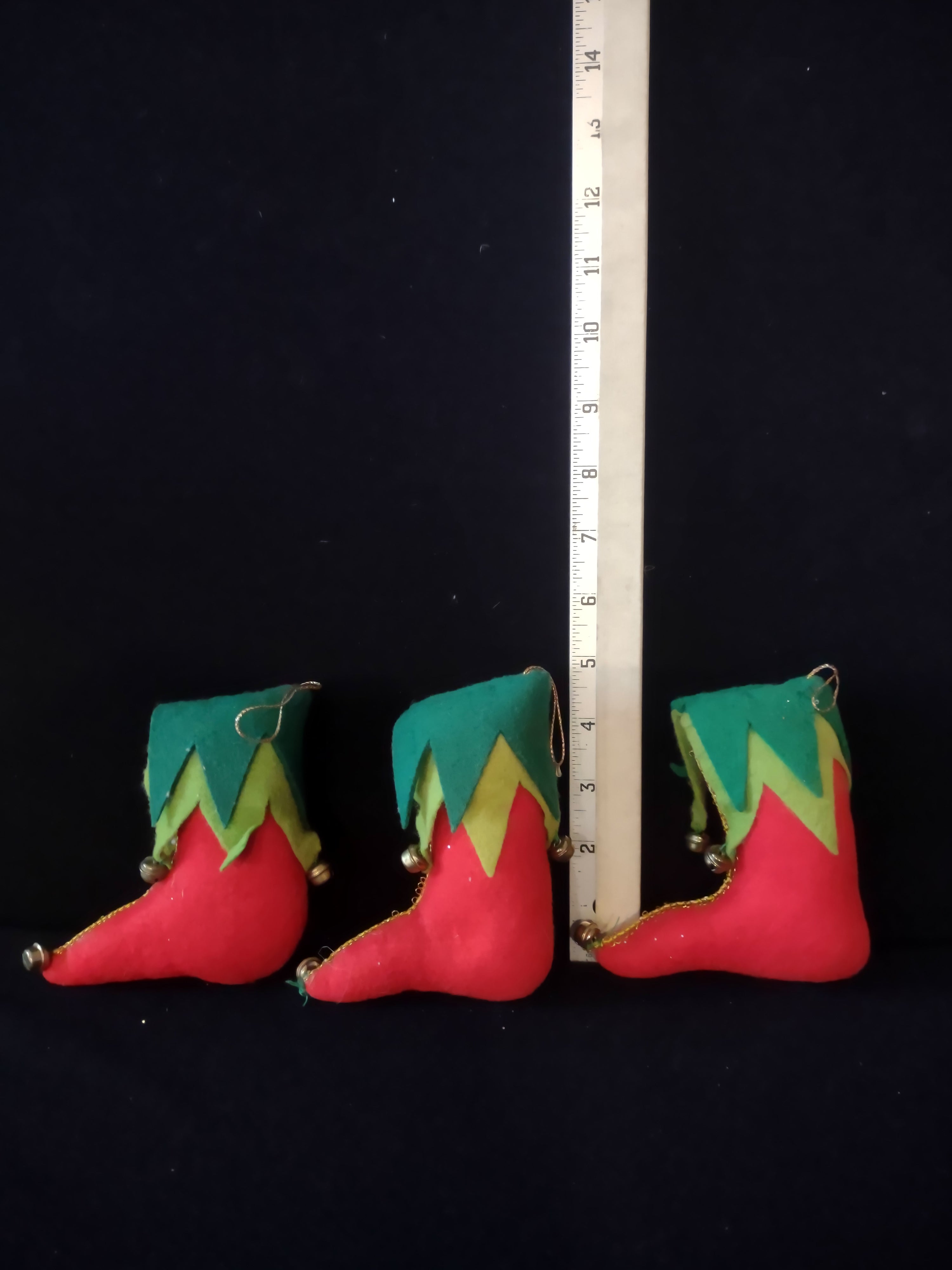 Christmas Elf Shoe Ornament Red Green Felt Bells Gold Trim Set Of 3 (Lot 4593)