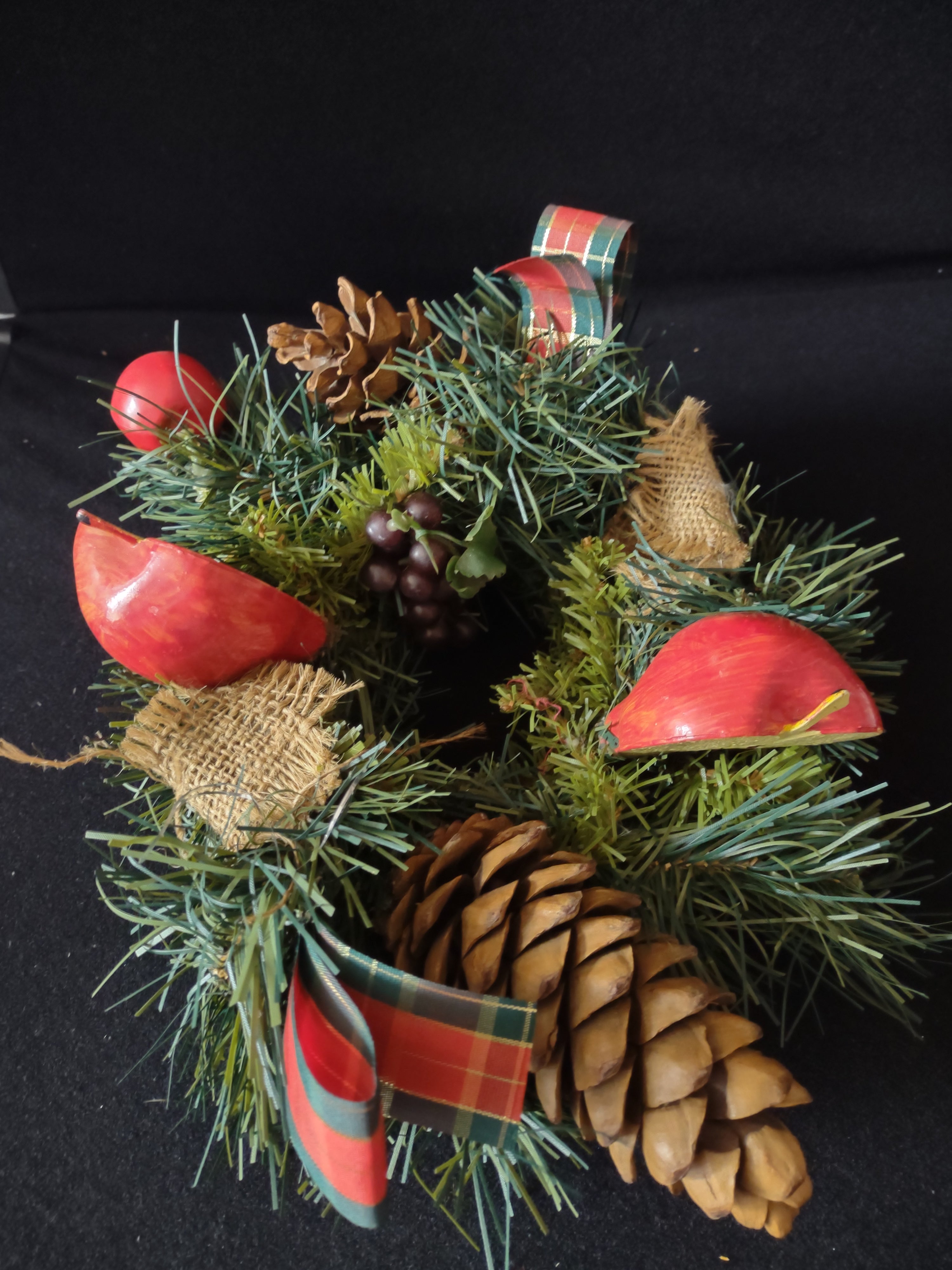 Vintage Christmas 10" Candle Ring Wreath Apples Pine Cones 3" Opening (Lot 4779)