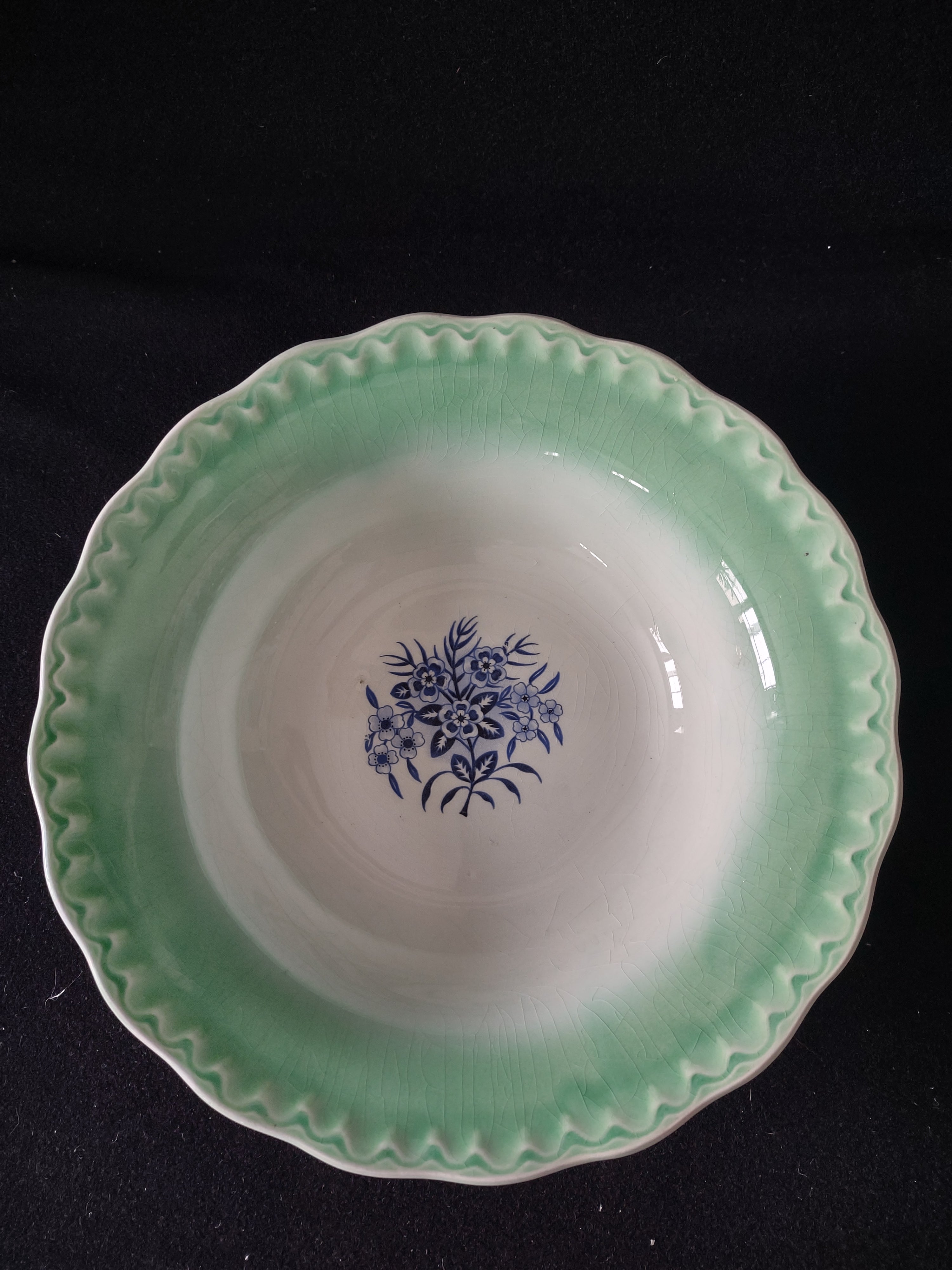 Vintage 9.5" Serving Bowl Scalloped Green Trim Blue Flower Design (Lot 5047)
