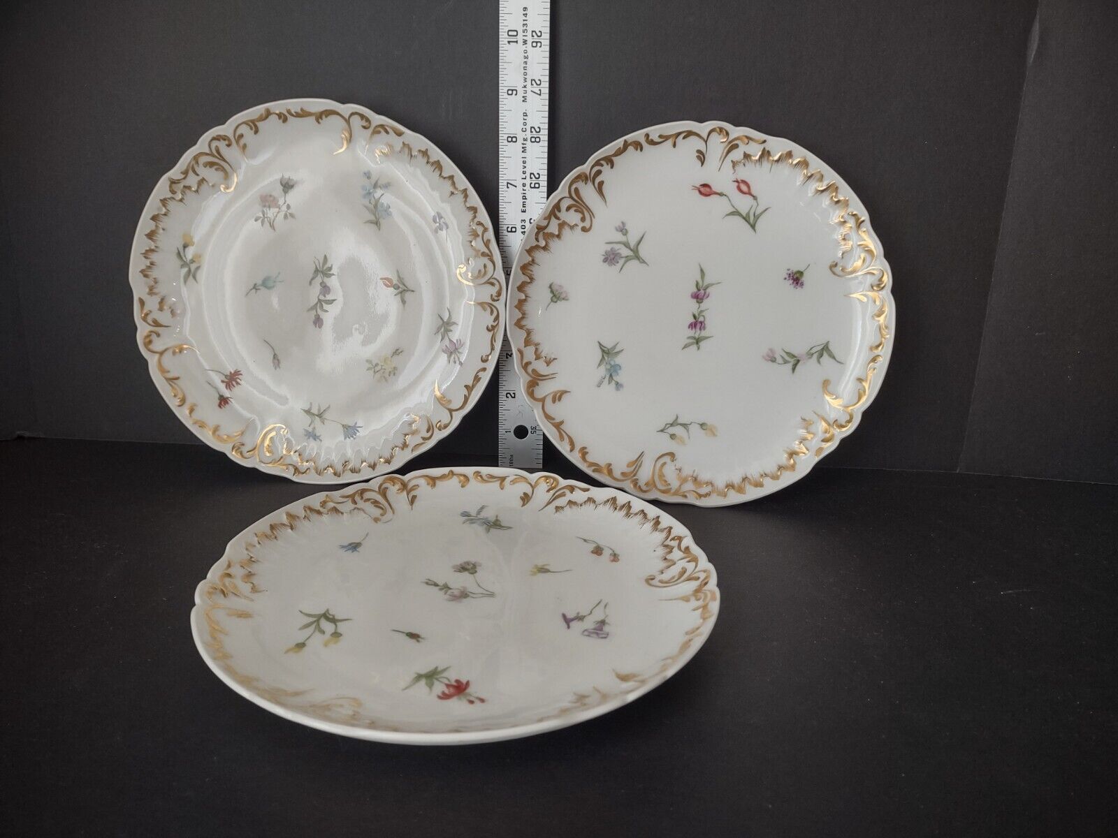 Set 3 JP France Plate Relief Molded Scrollwork Guild Gold Edge Luncheon (lot 358