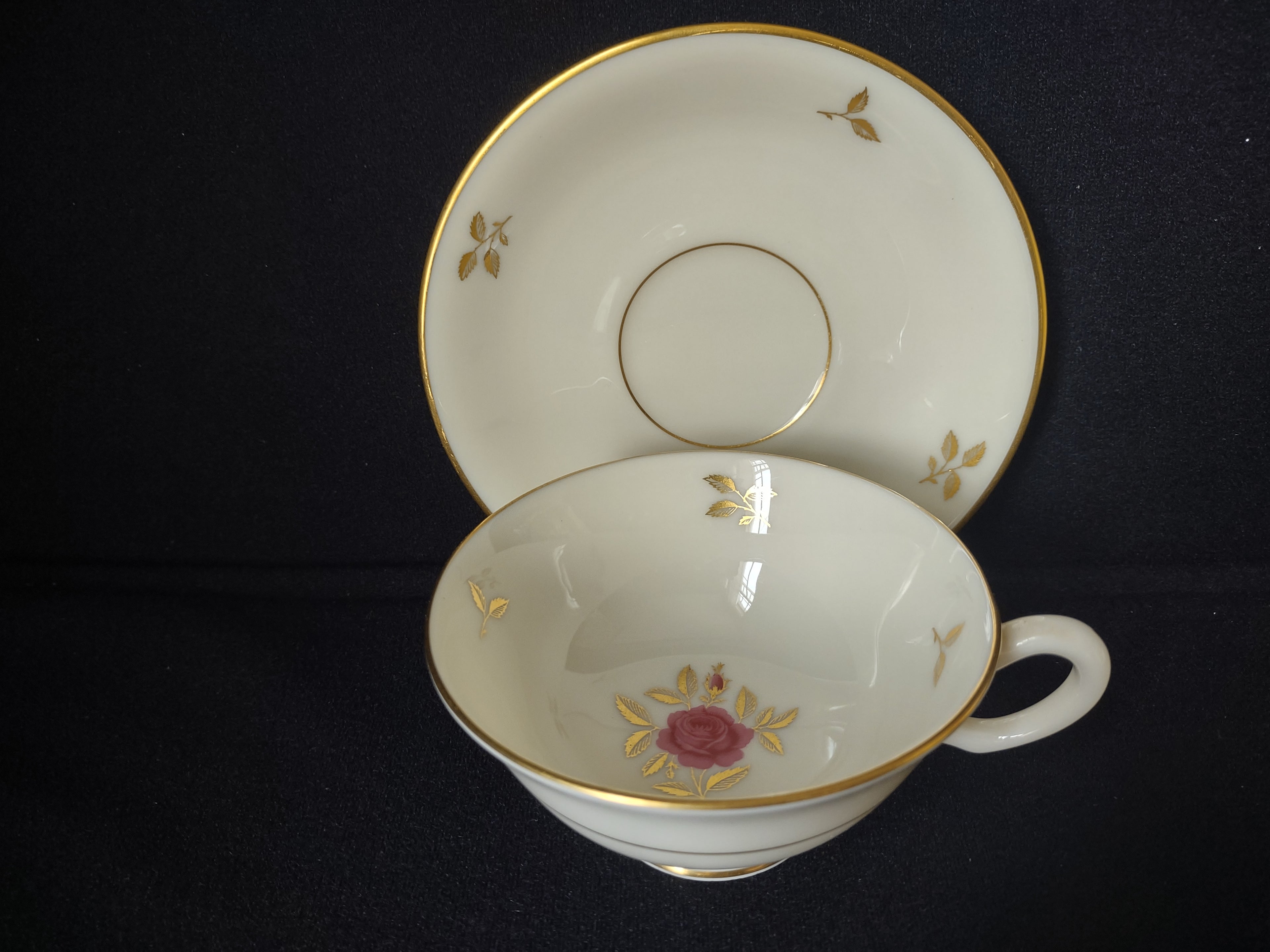 Vintage Rhodora by Lenox Tea Cup with Saucer Rose Flower Gold (lot 1793)