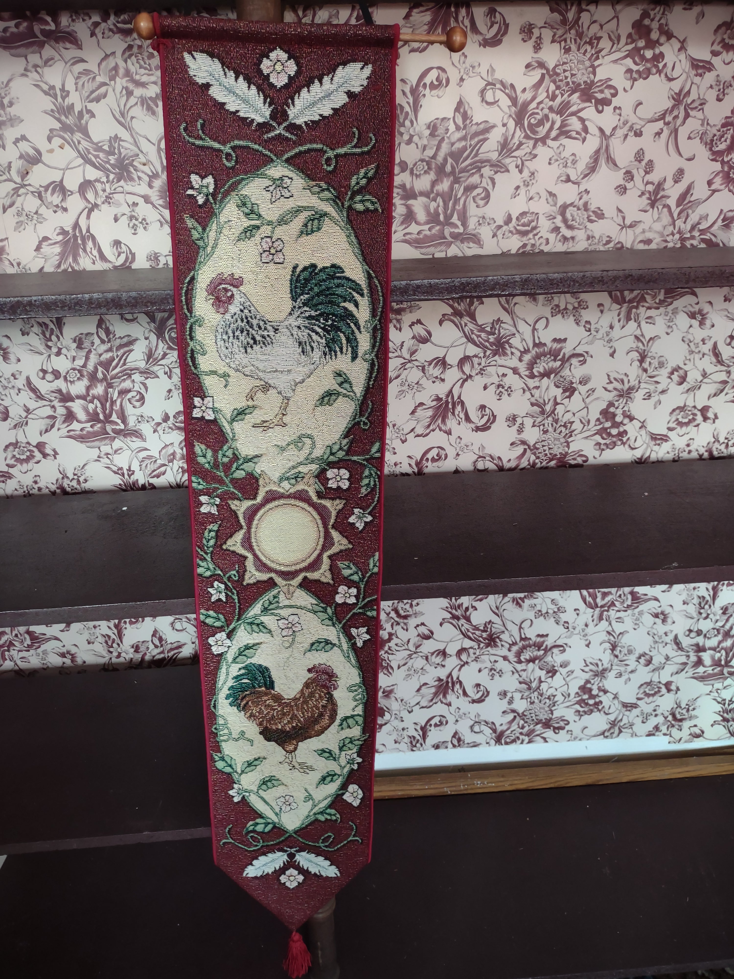 Vintage Rooster Tapestry Fabric Wall Hanging 40" Red Maroon Made USA (lot 3242)