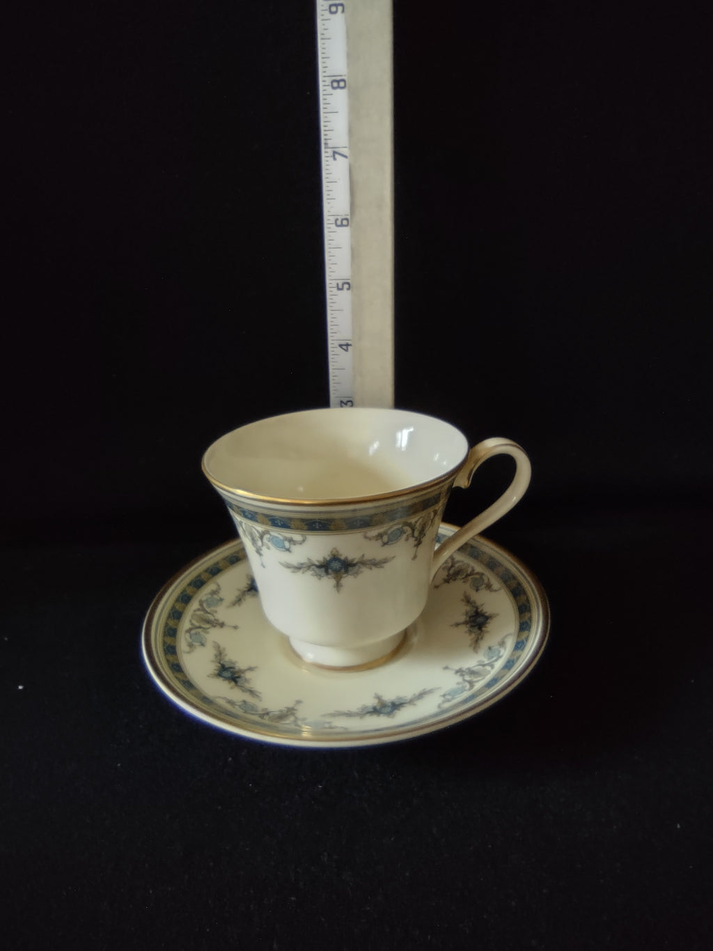 Vintage Minton Grasmere Teacup Saucer Bone China Blue Green Gold (Lot 5488)