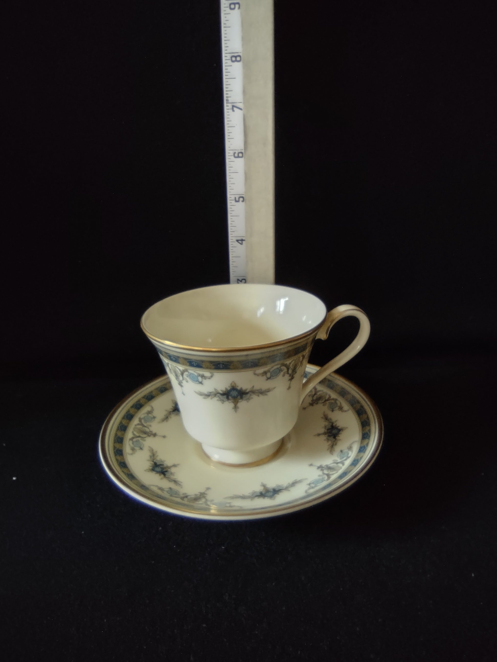 Vintage Minton Grasmere Teacup Saucer Bone China Blue Green Gold (Lot 5488)
