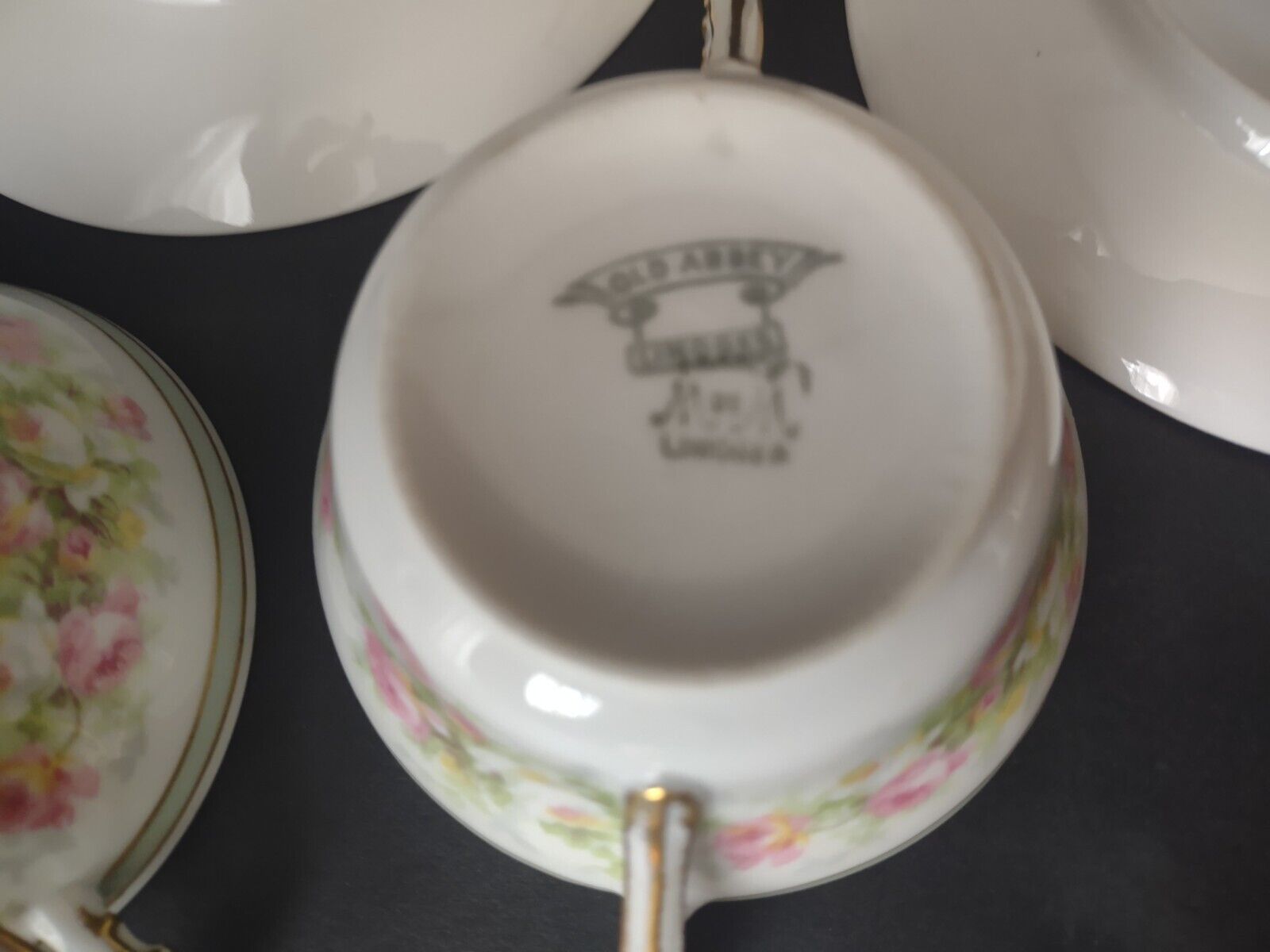 Old Abbey Limoges France 2 x Bouillion Cup Mint band Gold Trim Rose (lot 547)