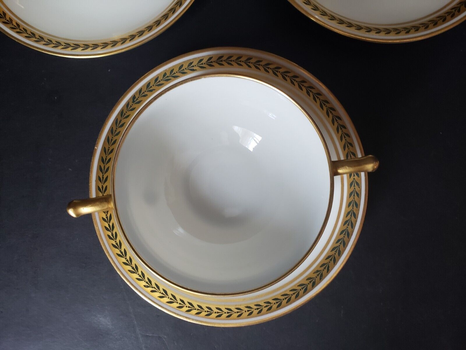 JP Limoges France Gold Trim Green Laurel 3 x Bouillion Cup & Saucer (lot 597)