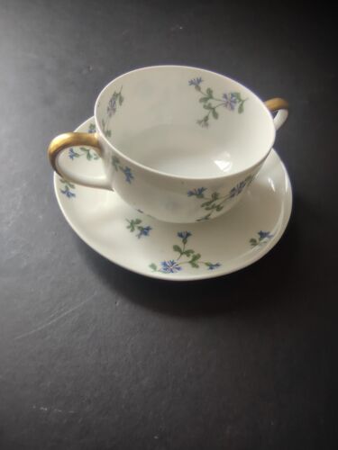 Vintage French Chick GDA Limoges Bouillon Cup & Saucer Blue Flower (lot 764)