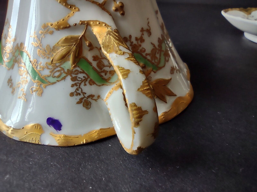 Haviland Limoges Green Heavy Gold Trim Bouillon Cup & Saucer IMPERFECT (lot 706)