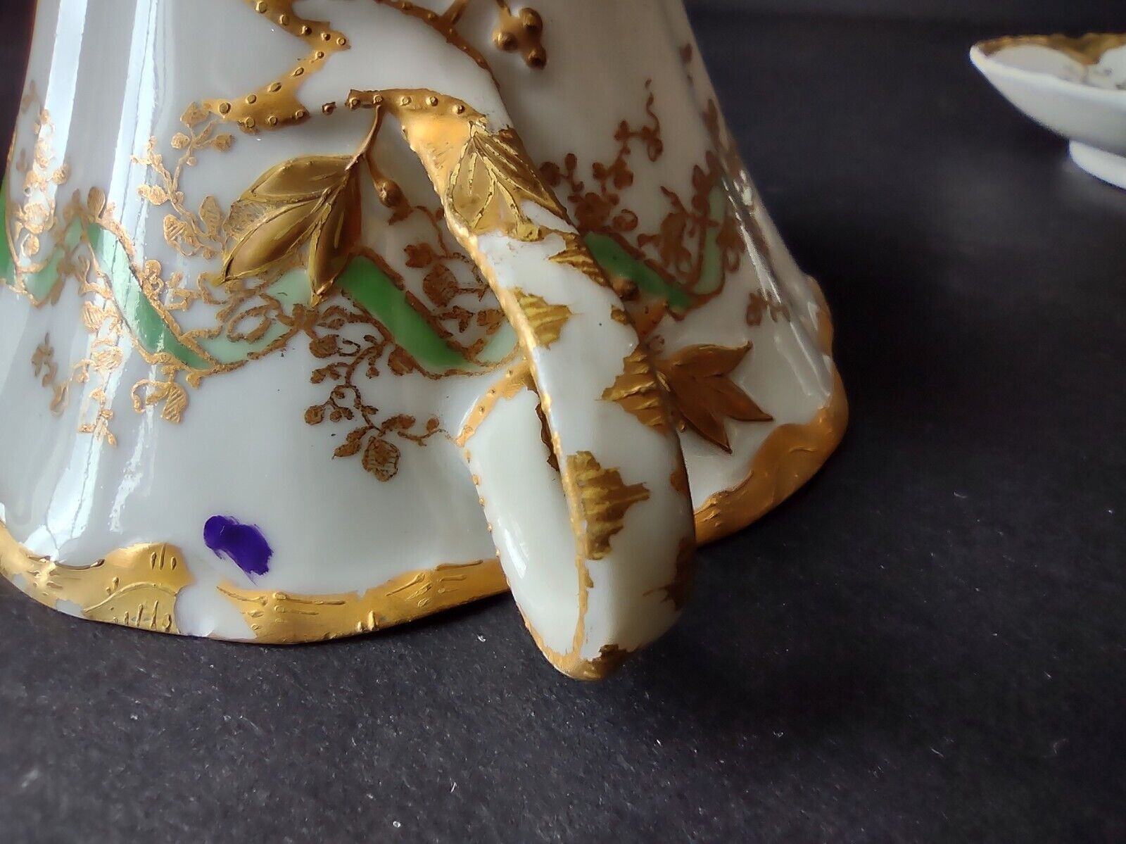 Haviland Limoges Green Heavy Gold Trim Bouillon Cup & Saucer IMPERFECT (lot 706)