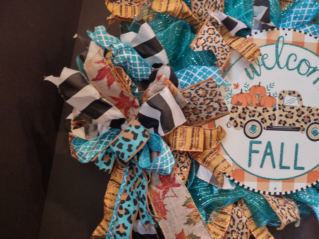 Autumn Fall Front Door Wreath Mesh Ribbon Decor Welcome Truck (lot 1367)