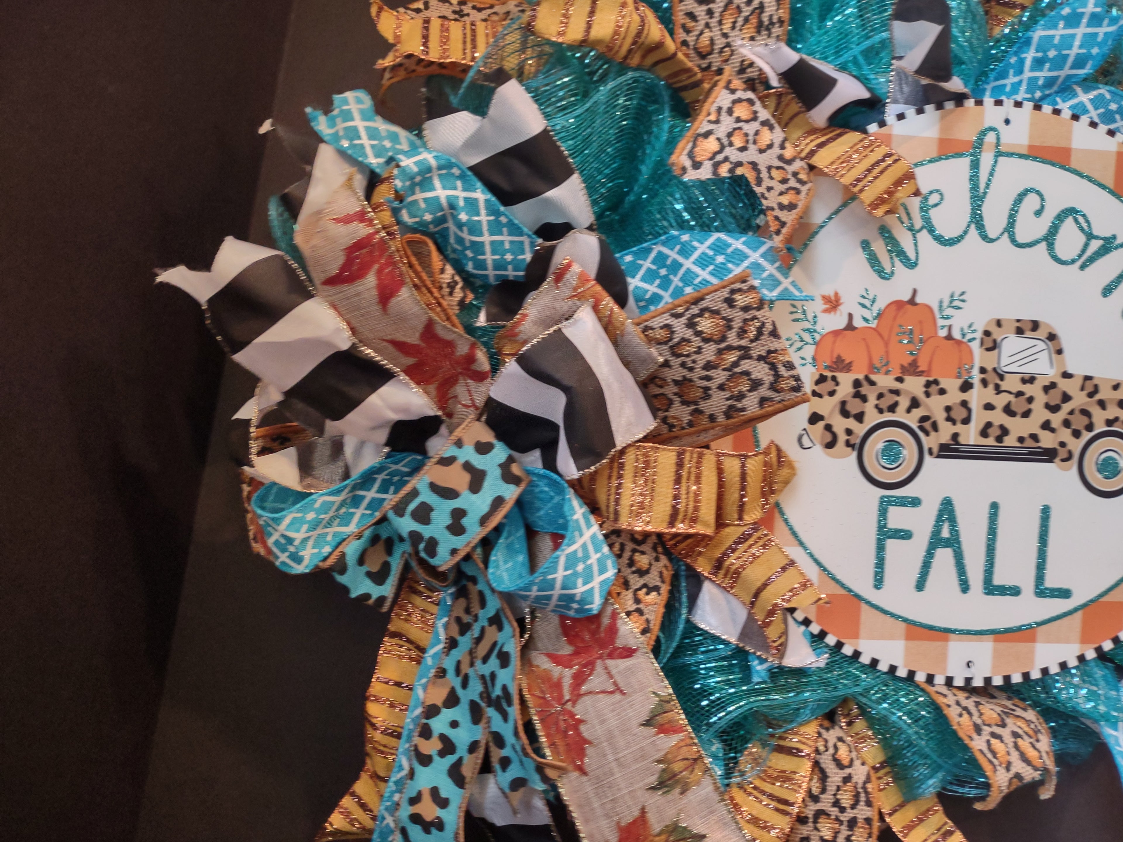 Autumn Fall Front Door Wreath Mesh Ribbon Decor Welcome Truck (lot 1367)