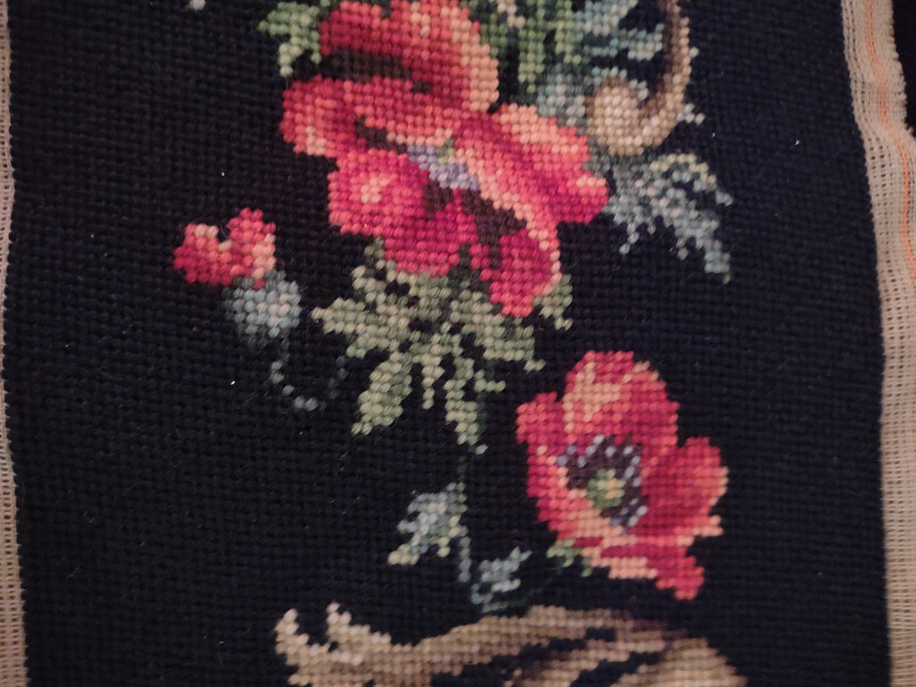 Handsewn Needlepoint Panel Floral Design Black Red Poppies 62 X 9" (Lot 4509)