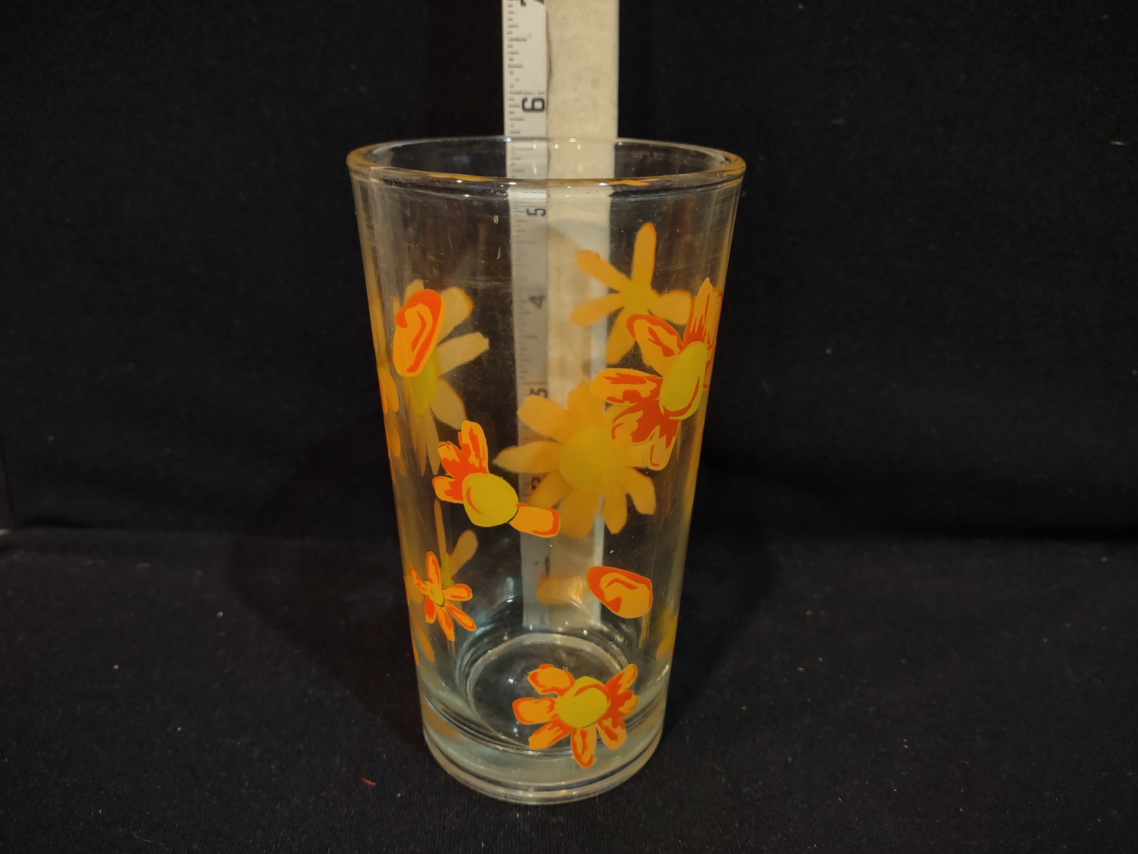 Vintage MCM Drinking Glass x 3 Indonesia Orange Flowers (lot 5160)