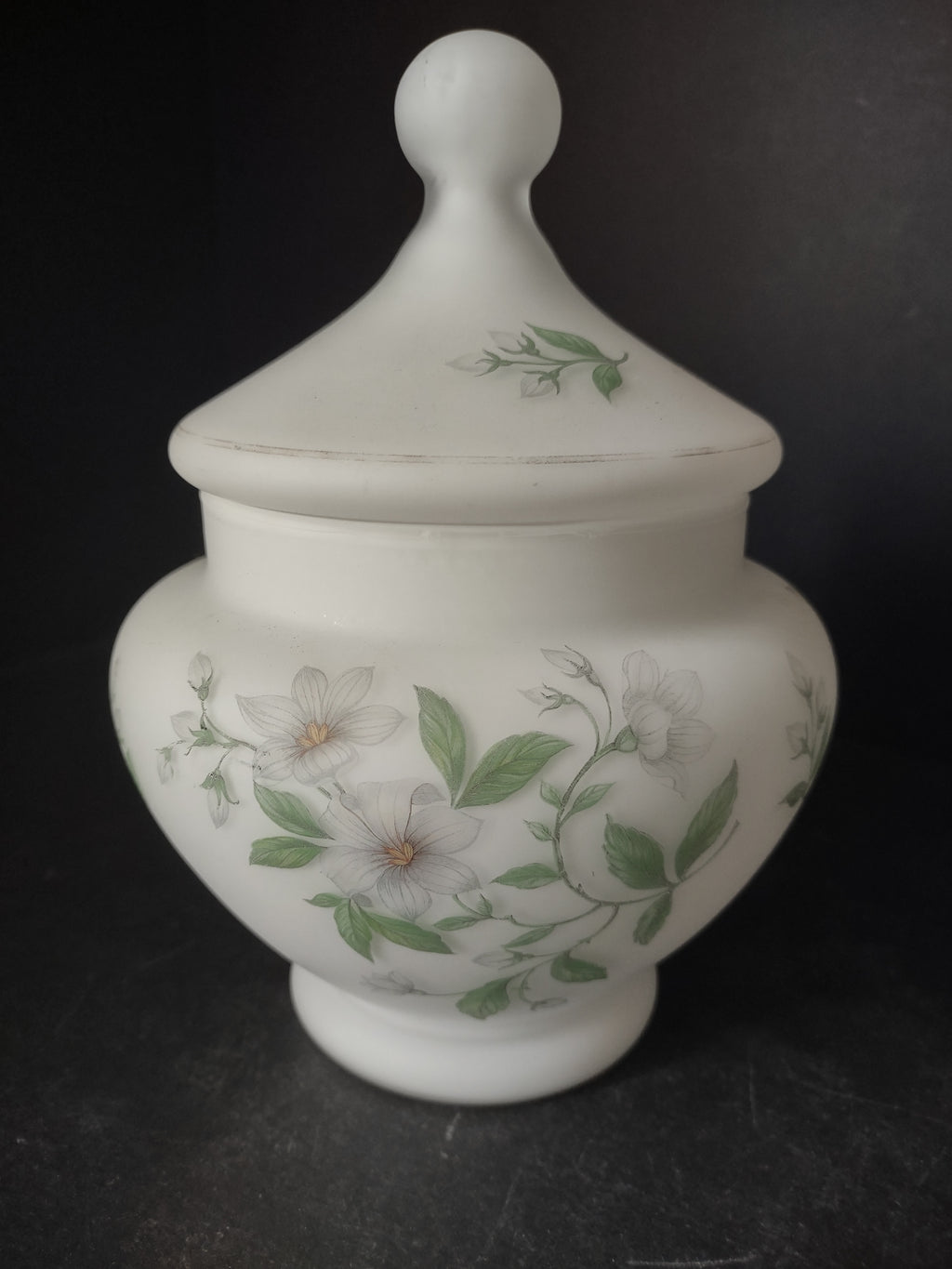 Vintage Frosted White Glass Apothecary Jar Canister Flowers 8" (lot 2936c)