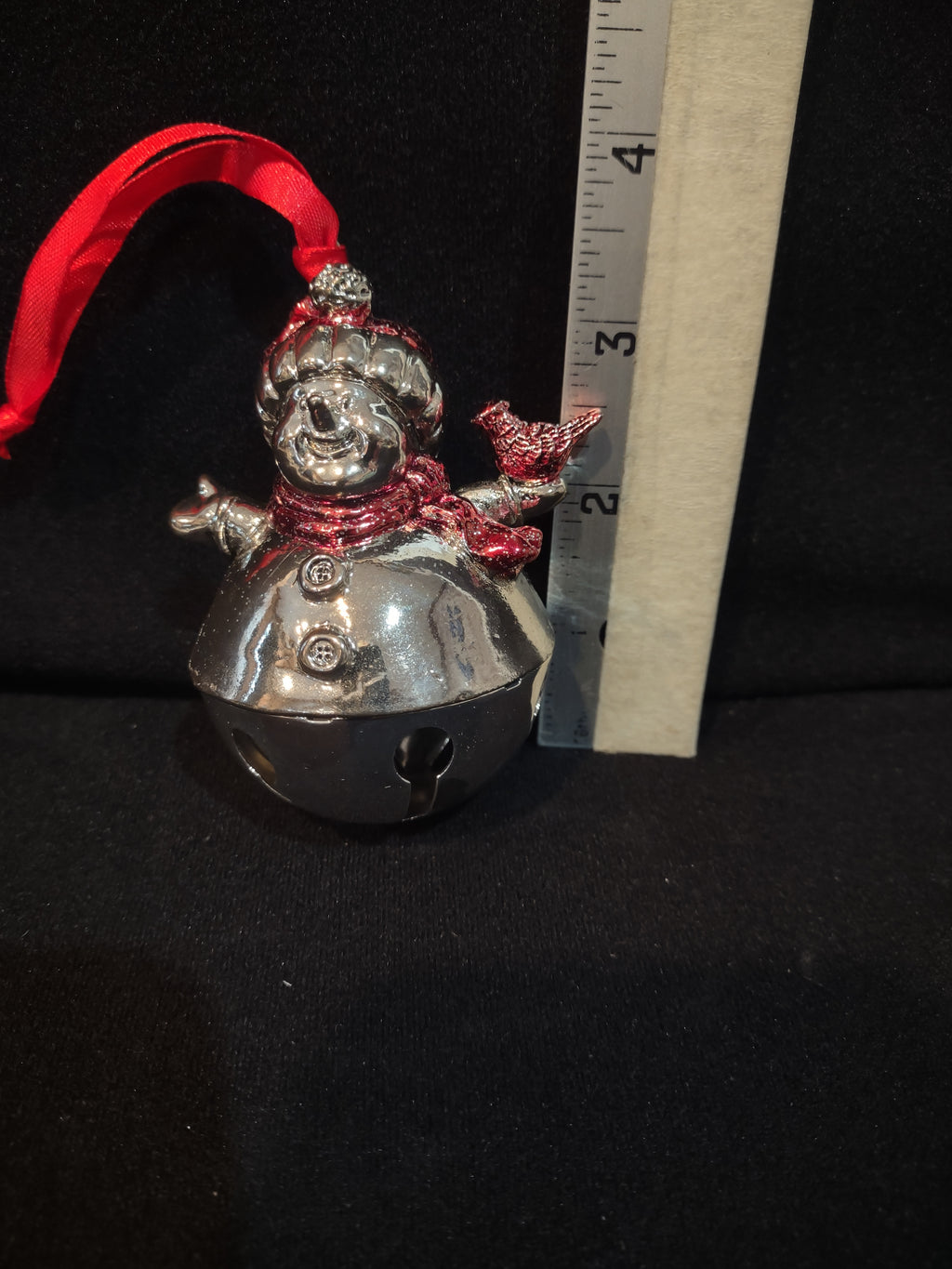 Christmas Silver Plated Snowman Bell Ornament Red Hat Scarf Cardinal (Lot 4101)